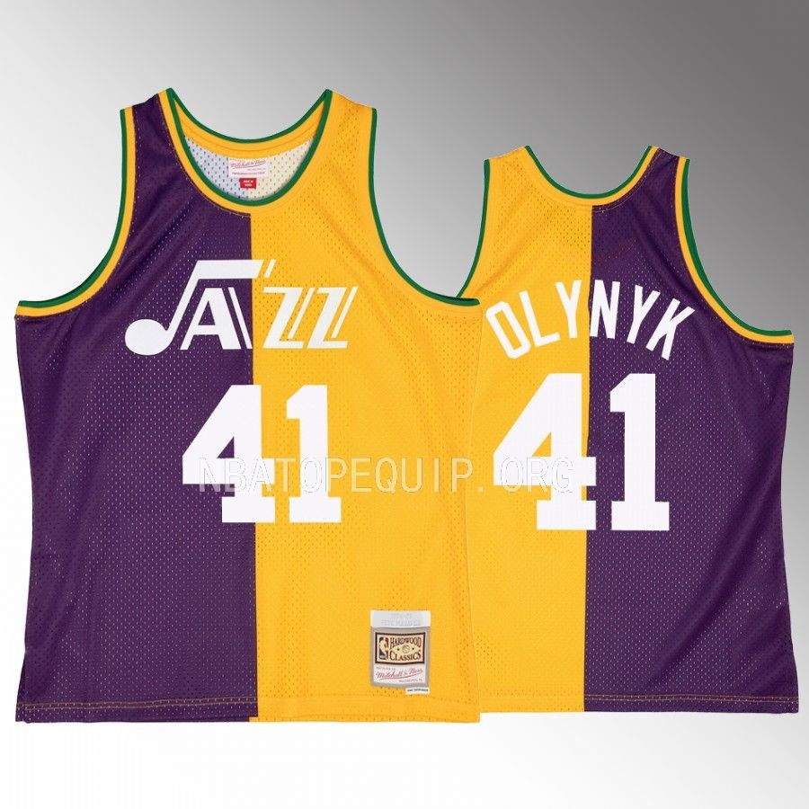 Kelly Olynyk New Orleans Jazz Jersey Hardwood Classics Purple Yellow #41 Split Swingman