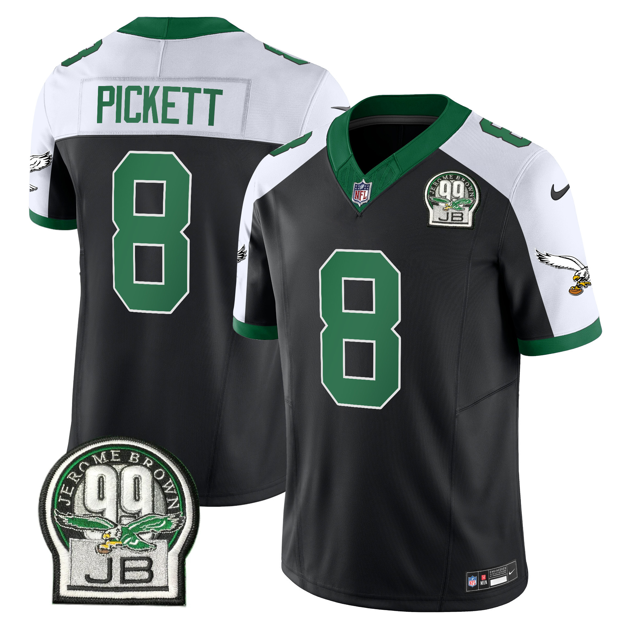 Kenny Pickett Men's Philadelphia Eagles Jerome Brown Patch Kelly Green Alternate V2 Black Alternate Jersey - All Stitched