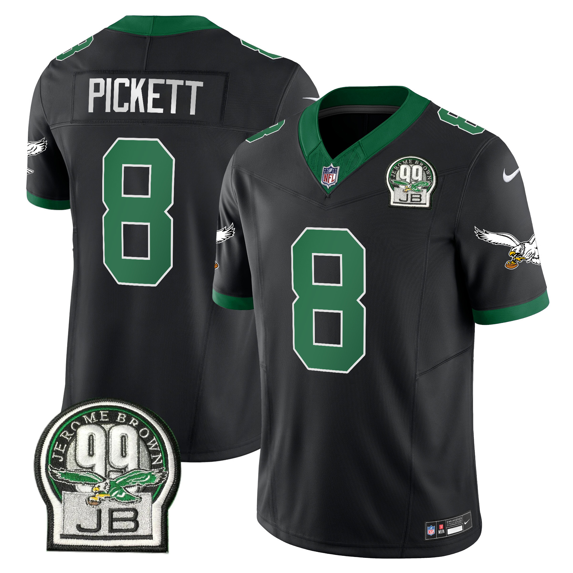 Kenny Pickett Men's Philadelphia Eagles Jerome Brown Patch Kelly Green Alternate V2 Black Jersey - All Stitched