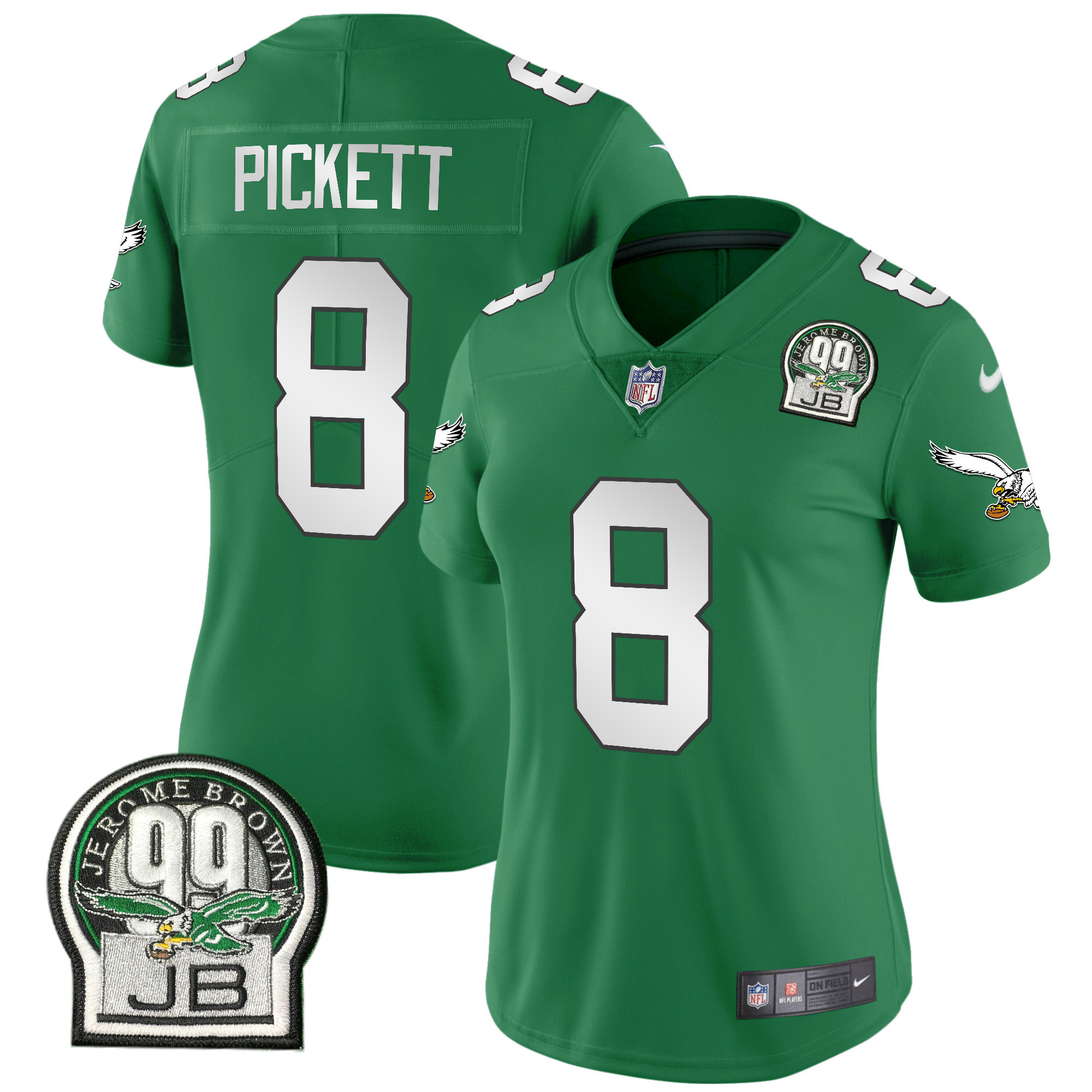 Kenny Pickett Women's Philadelphia Eagles Jerome Brown Patch Kelly Green Alternate V2 Jersey - All Stitched