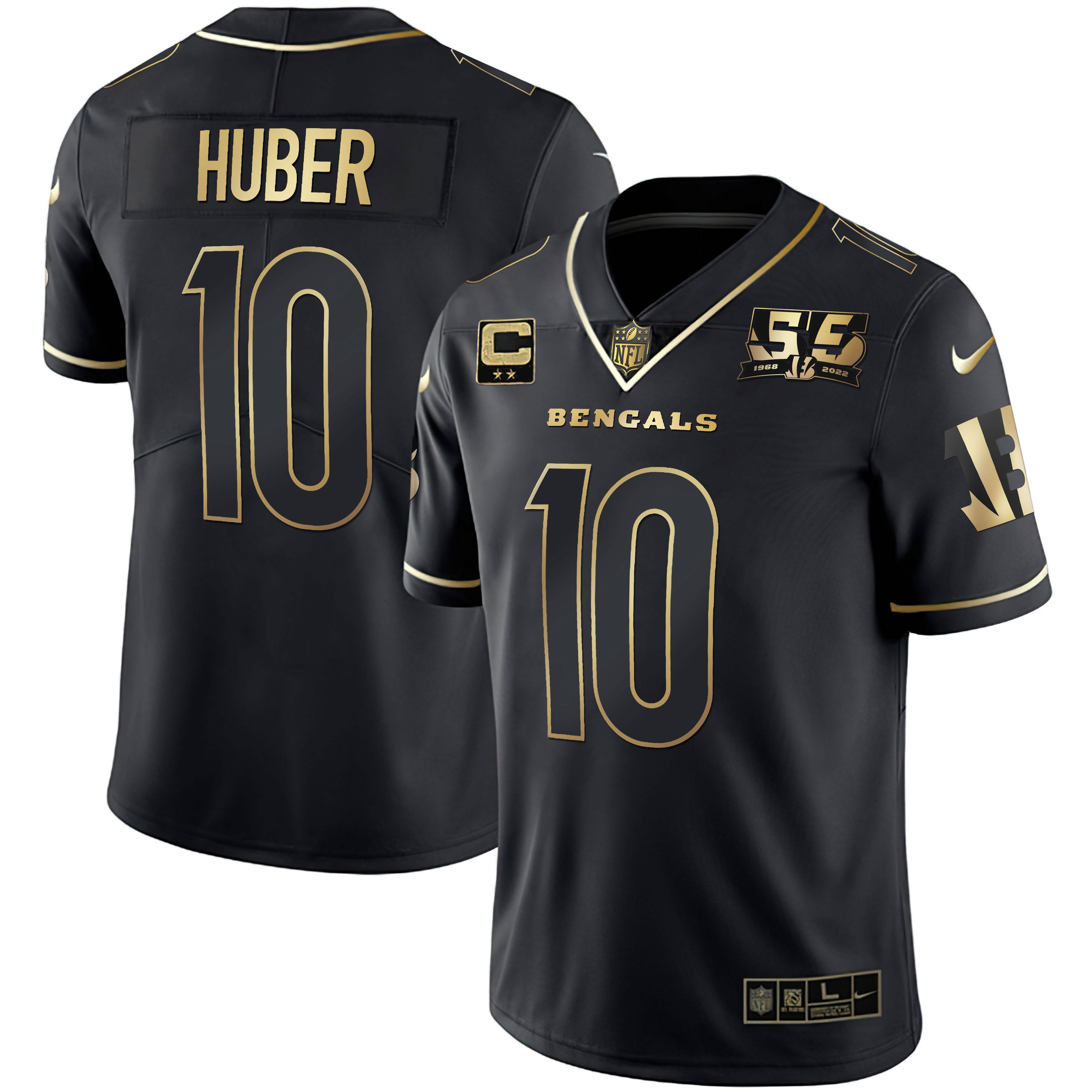 Kevin Huber Men's Cincinnati Bengals 55th 1968 - 2022 Anniversary Patch White Gold & Black Gold Black Gold Jersey - All Stitched 