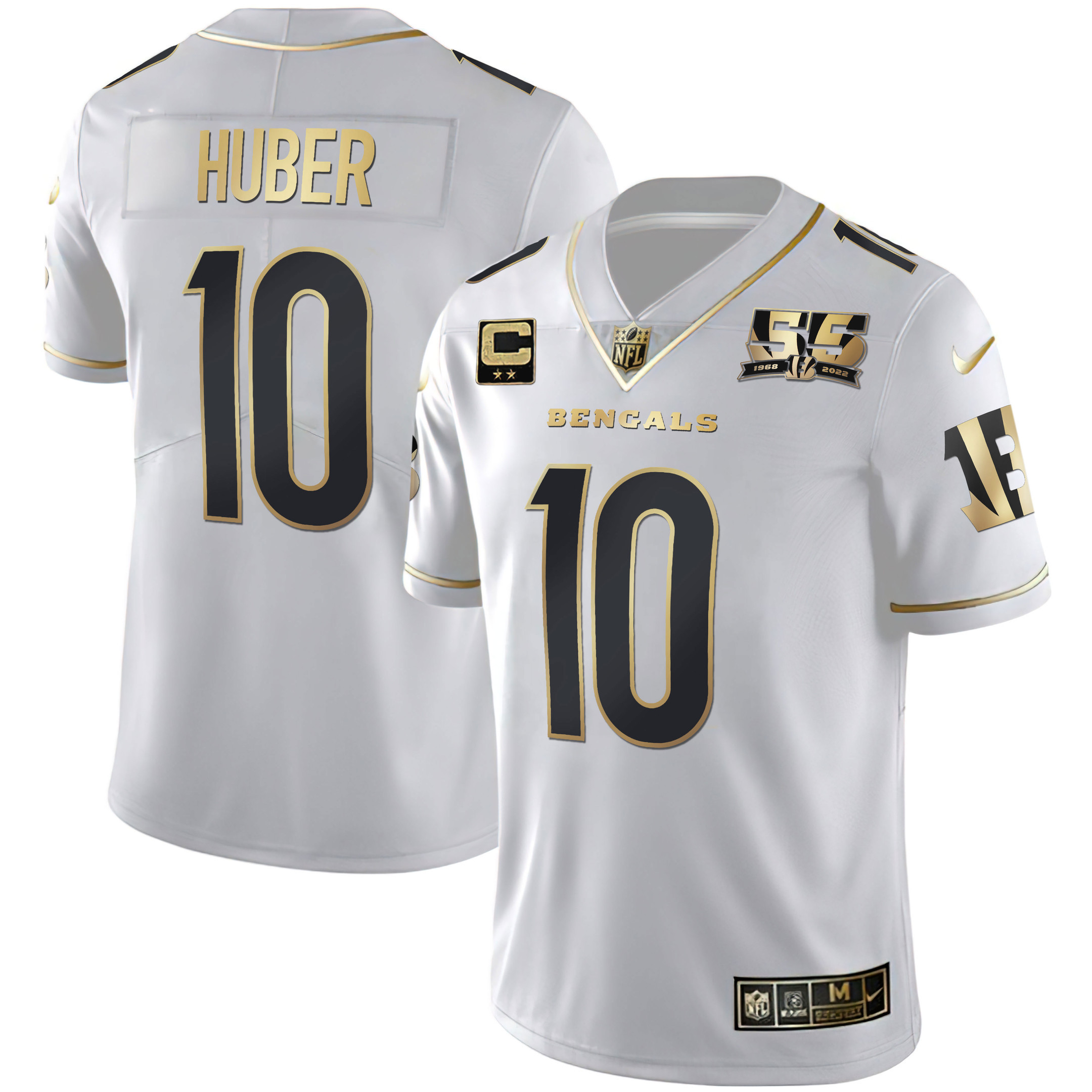 Kevin Huber Men's Cincinnati Bengals 55th 1968 - 2022 Anniversary Patch White Gold & Black Gold White Gold Jersey - All Stitched 