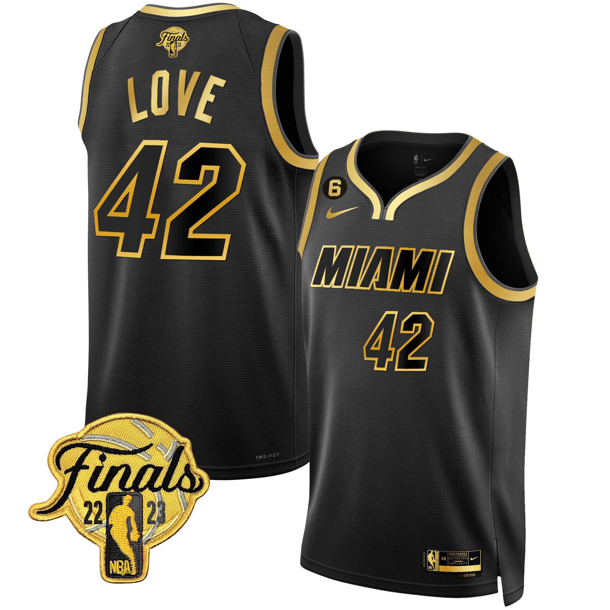 Kevin Love Men's Miami Heat 2023 Finals Patch Collection V4 Black Gold Jersey - All Stitched