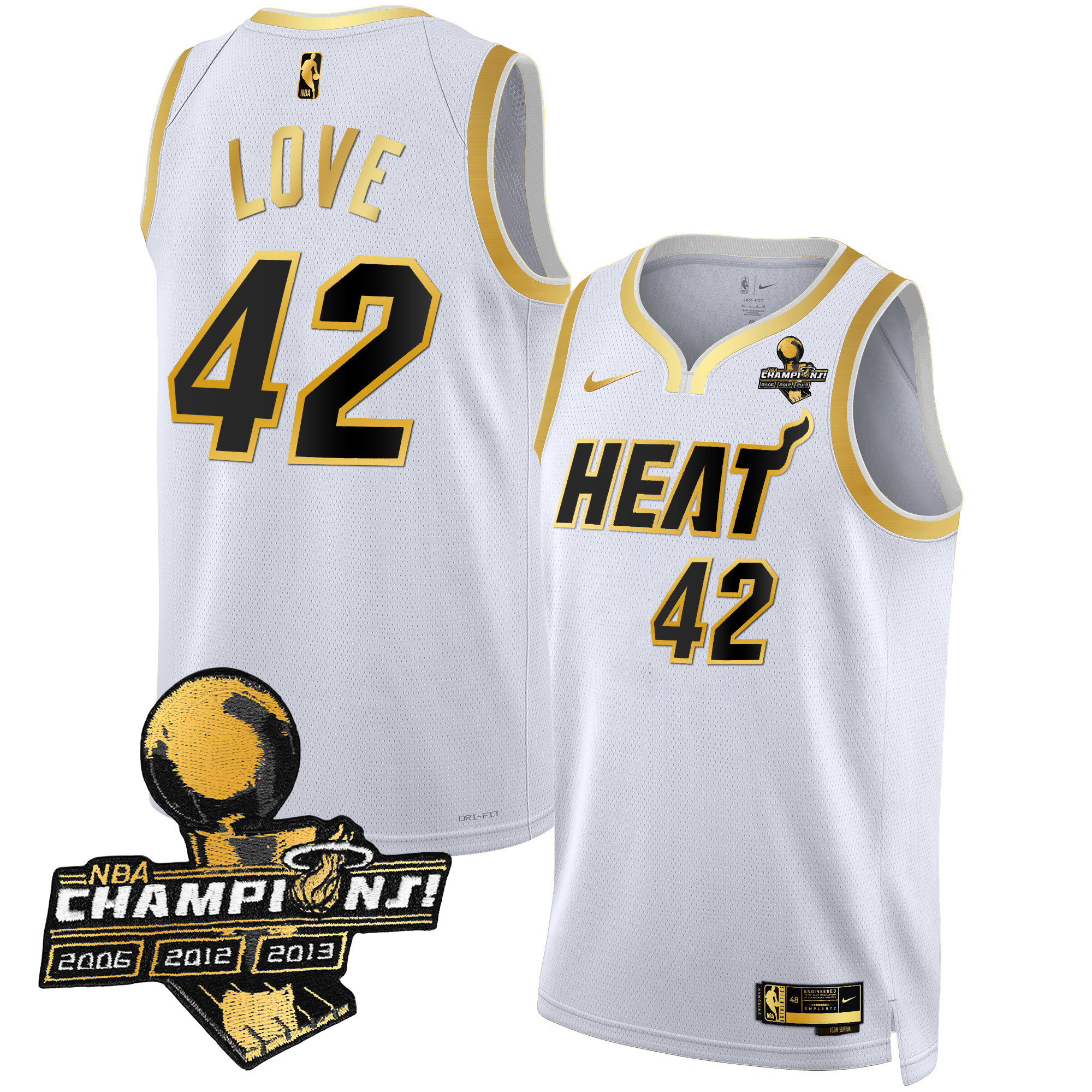 Kevin Love Men's Miami Heat 3-Time Champions Patch Collection White Gold Jersey - All Stitched