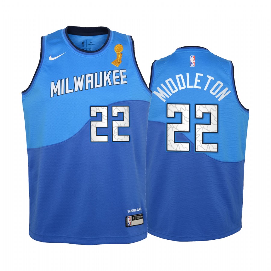 Khris Middleton Milwaukee Bucks Blue 2021 NBA Finals Champions Youth Jersey City Edition