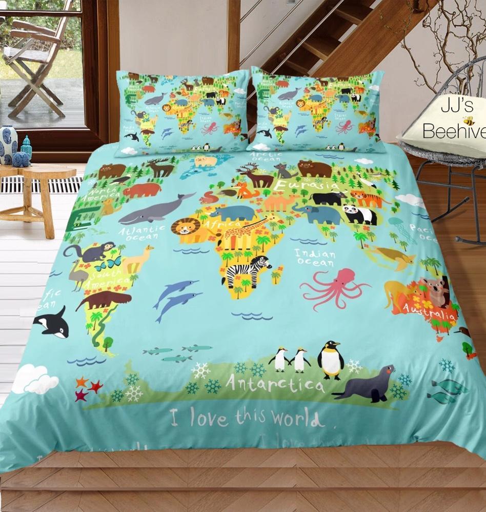 Kids Animals Of The World Map 3D Customized Duvet Cover Bedding Set