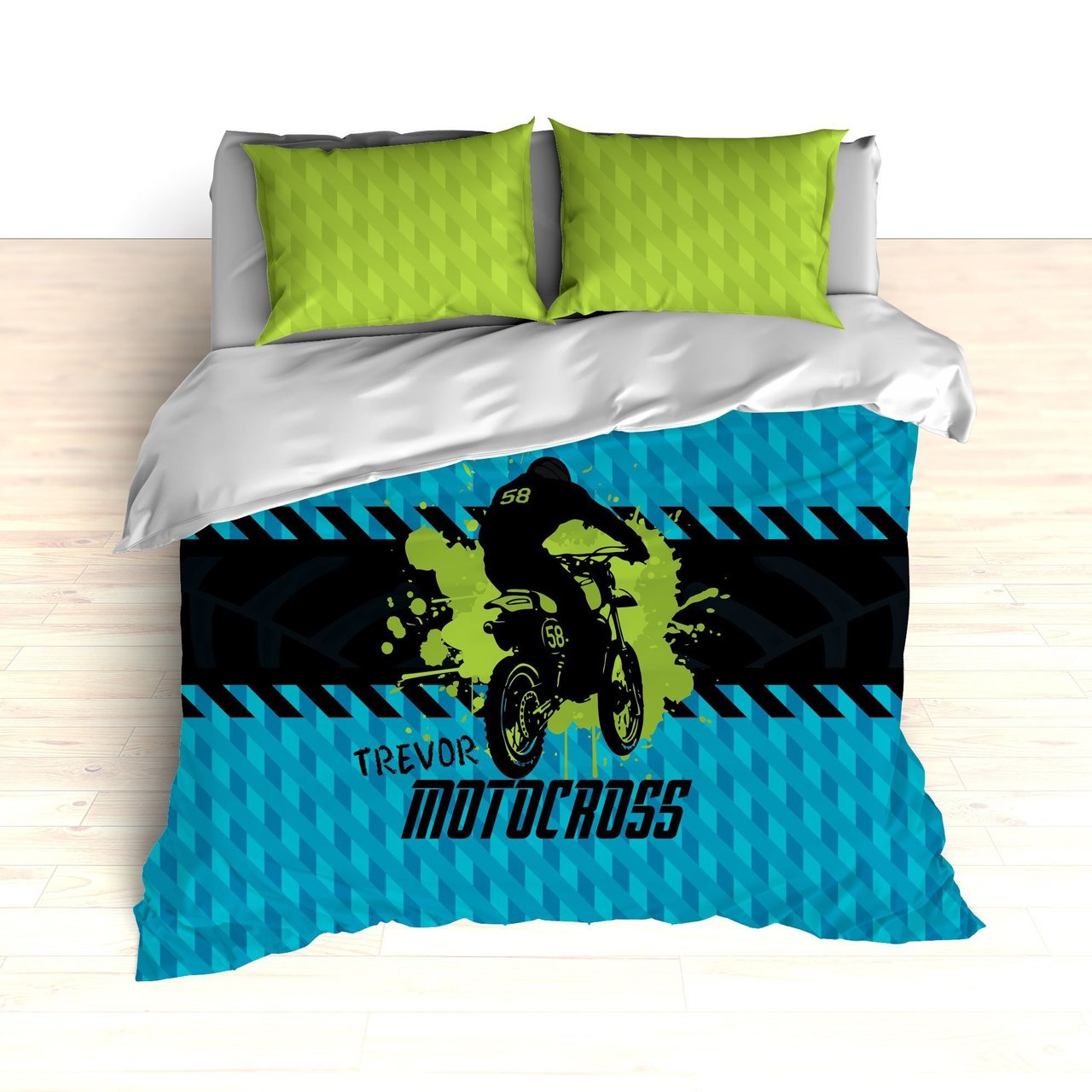 Kids Motocross , Blue, Teal, Green, Black, Dirt Bike Racing Duvet Cover Bedding Set