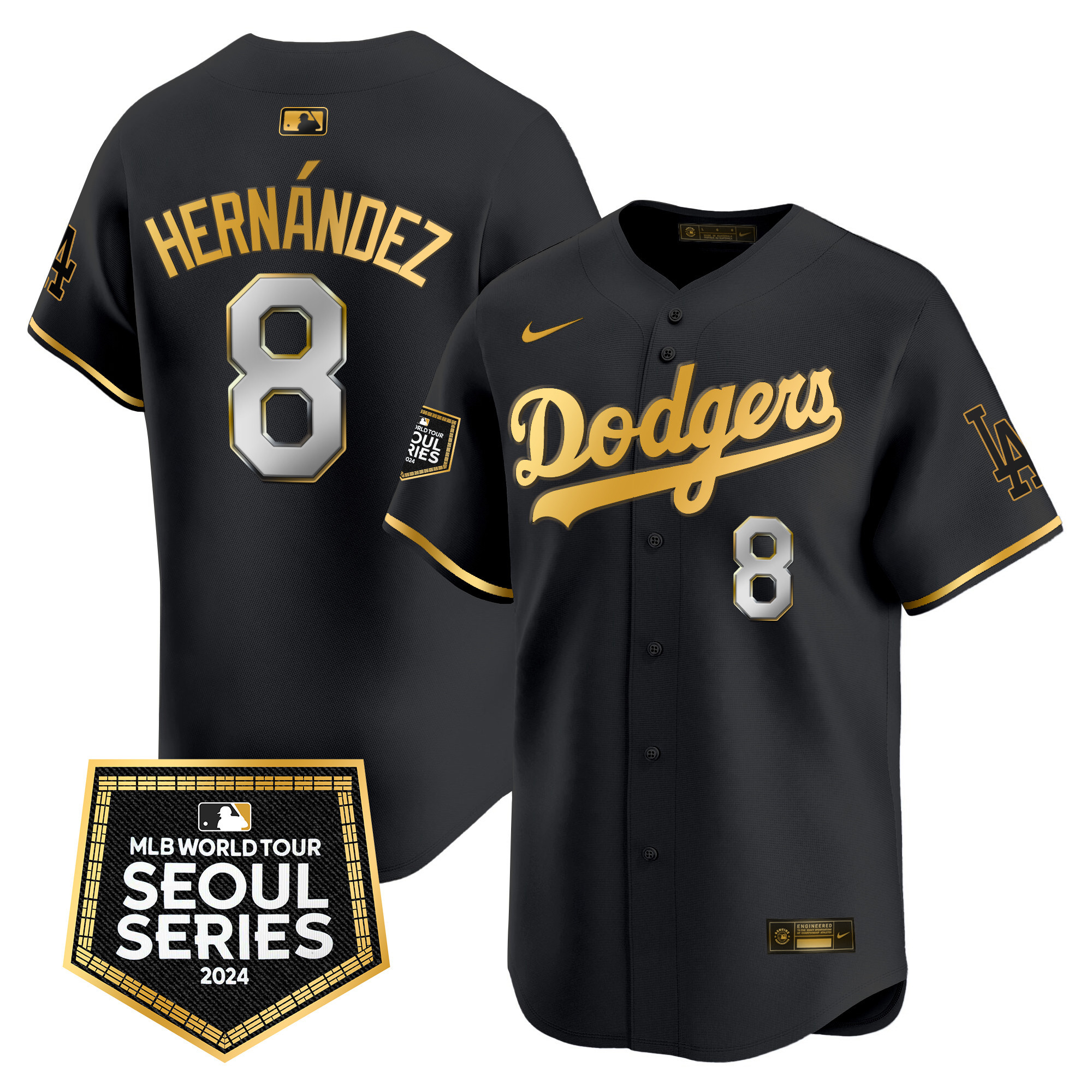 Kike Hernandez Men's Los Angeles Dodgers 2024 World Tour Seoul Series Patch Vapor Premier Limited Black Gold Jersey - All Stitched