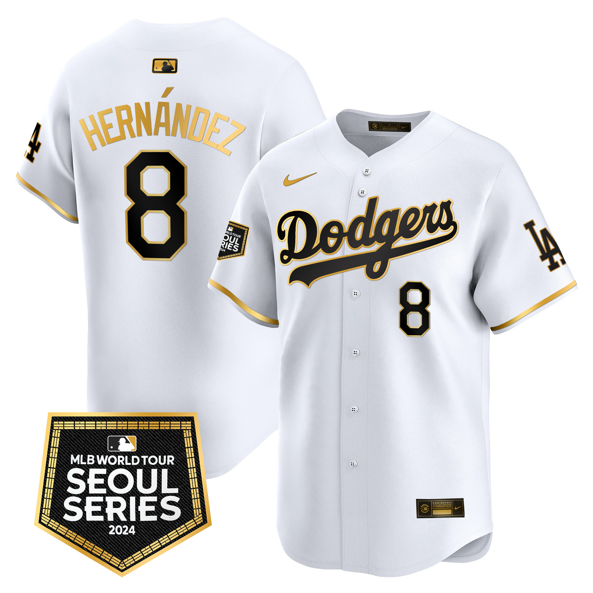 Kike Hernandez Men's Los Angeles Dodgers 2024 World Tour Seoul Series Patch Vapor Premier Limited White Gold Jersey - All Stitched