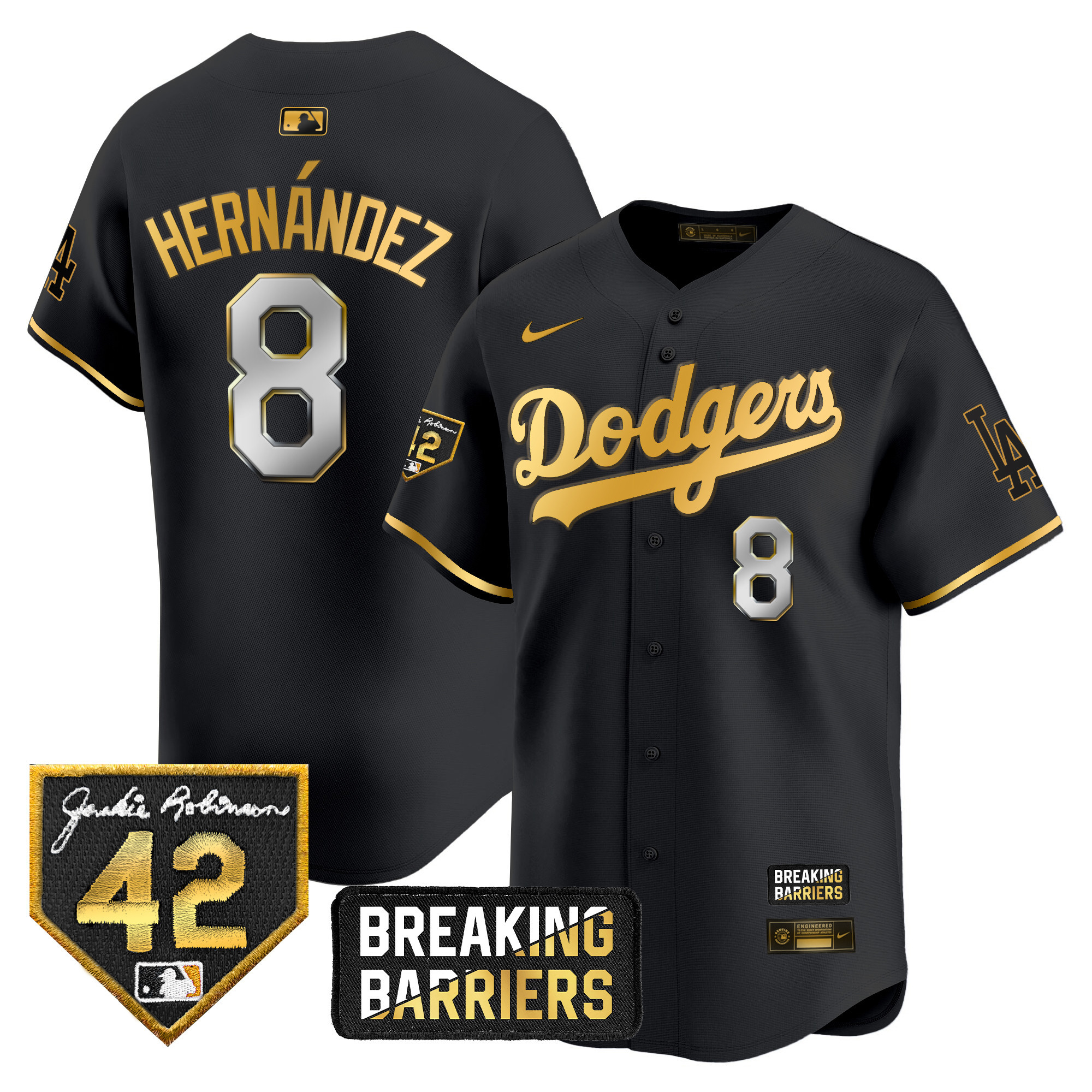 Kike Hernandez Men's Los Angeles Dodgers Jackie Robinson Breaking Barriers Patch Vapor Premier Limited Black Gold Jersey - All Stitched