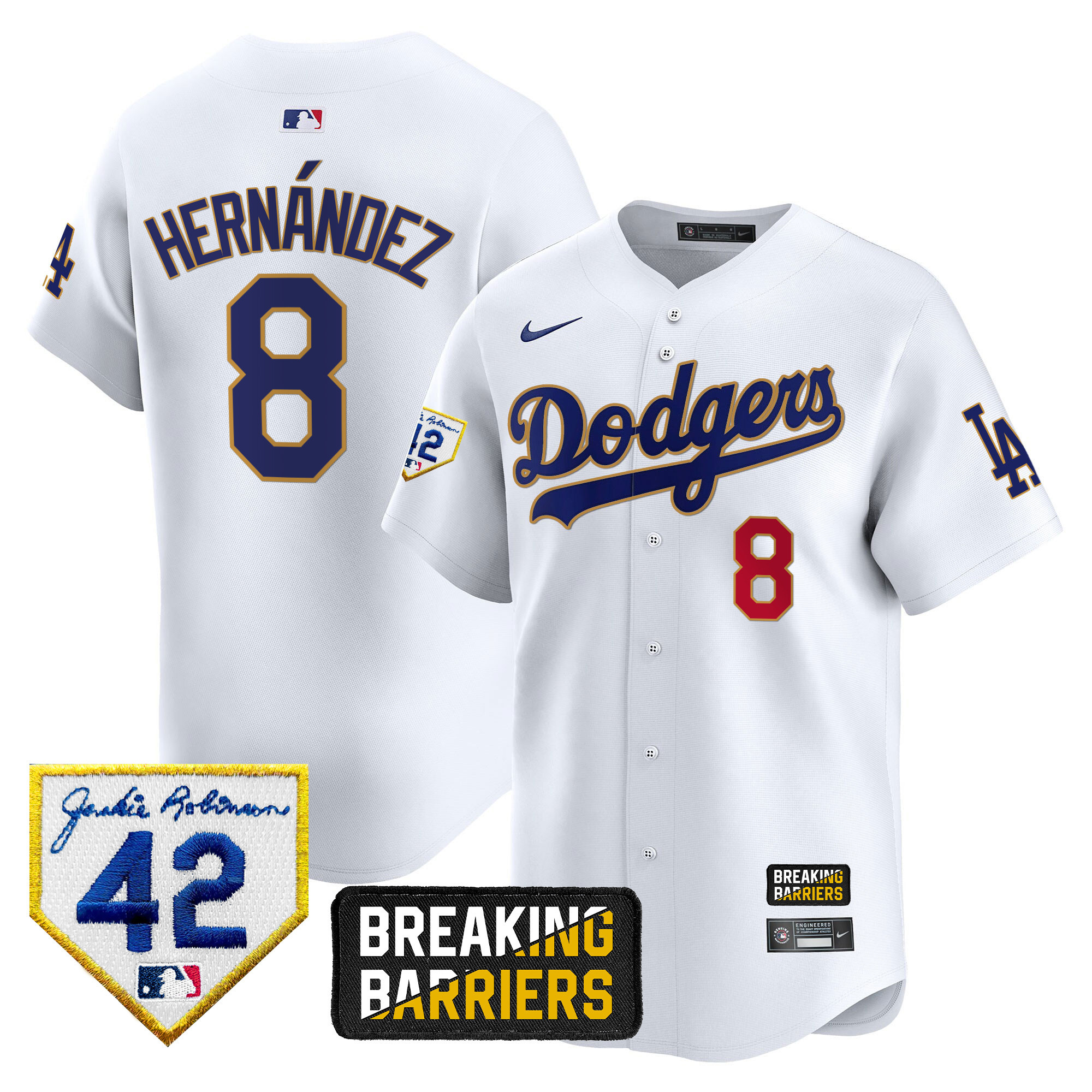 Kike Hernandez Men's Los Angeles Dodgers Jackie Robinson Breaking Barriers Patch Vapor Premier Limited White Jersey - All Stitched