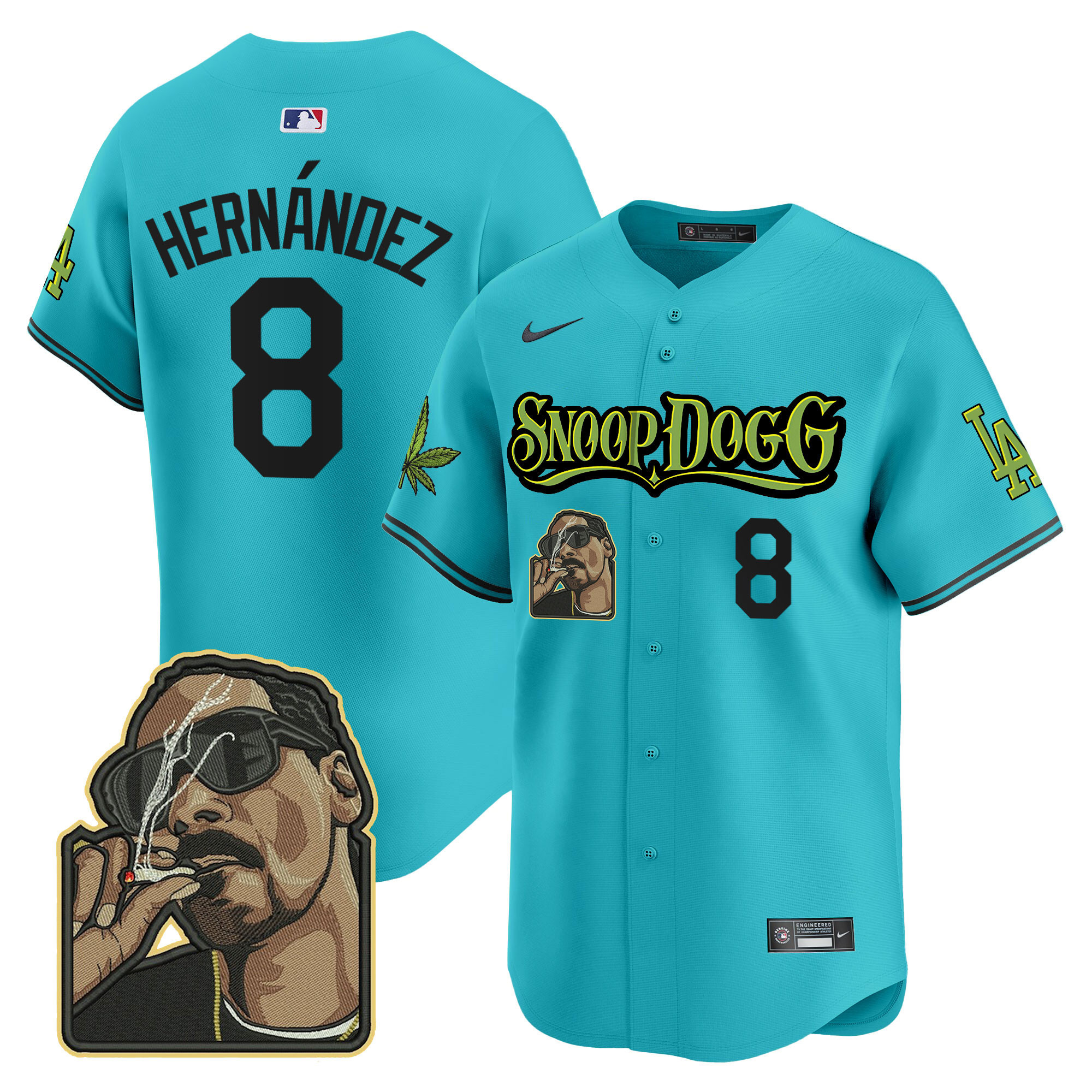 Kike Hernandez Men's Los Angeles Dodgers Snoop Dogg Vapor Premier Limited Aqua Jersey - All Stitched
