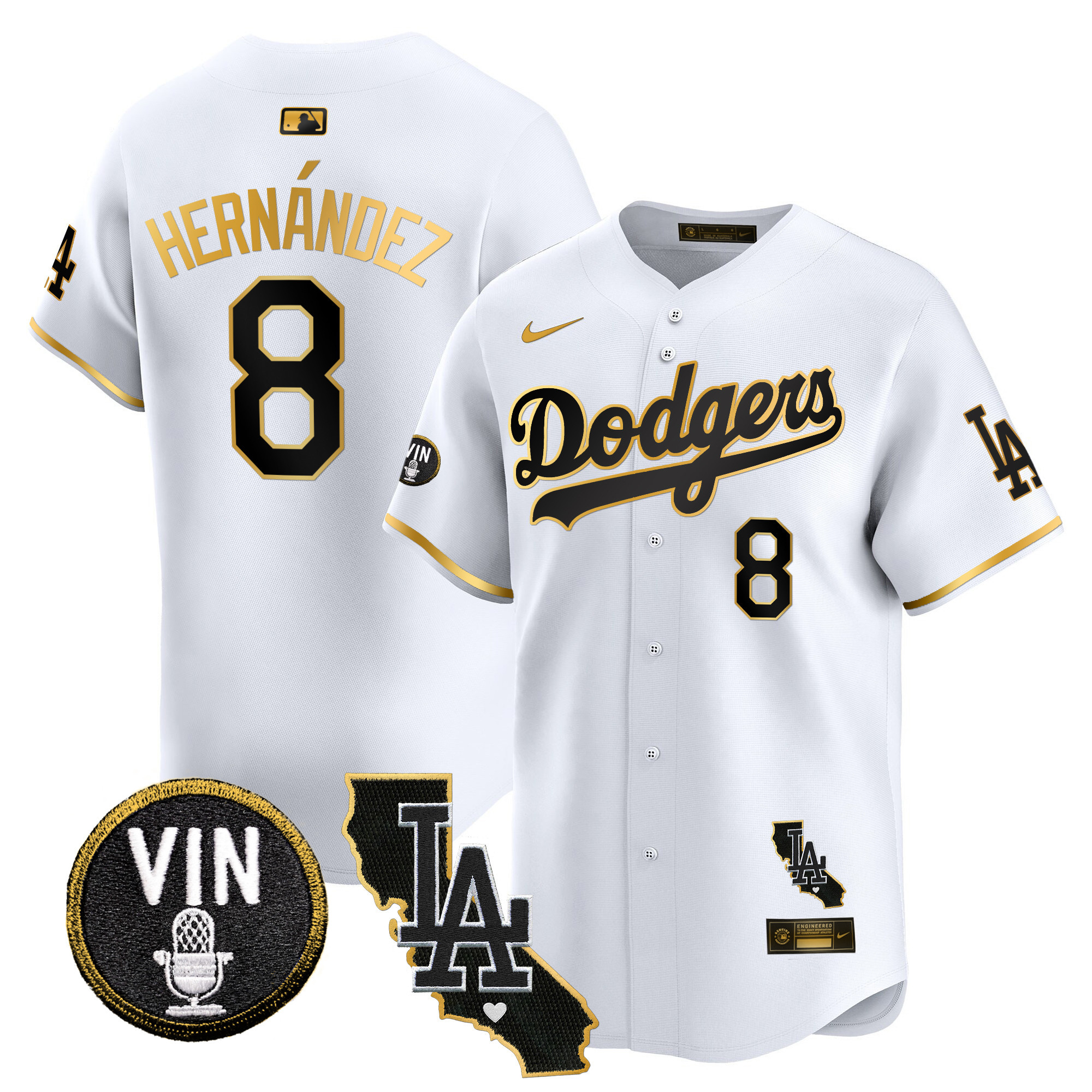 Kike Hernandez Men's Los Angeles Dodgers Vin & California Patch Gold Trim Vapor Premier Limited White Gold Jersey - All Stitched