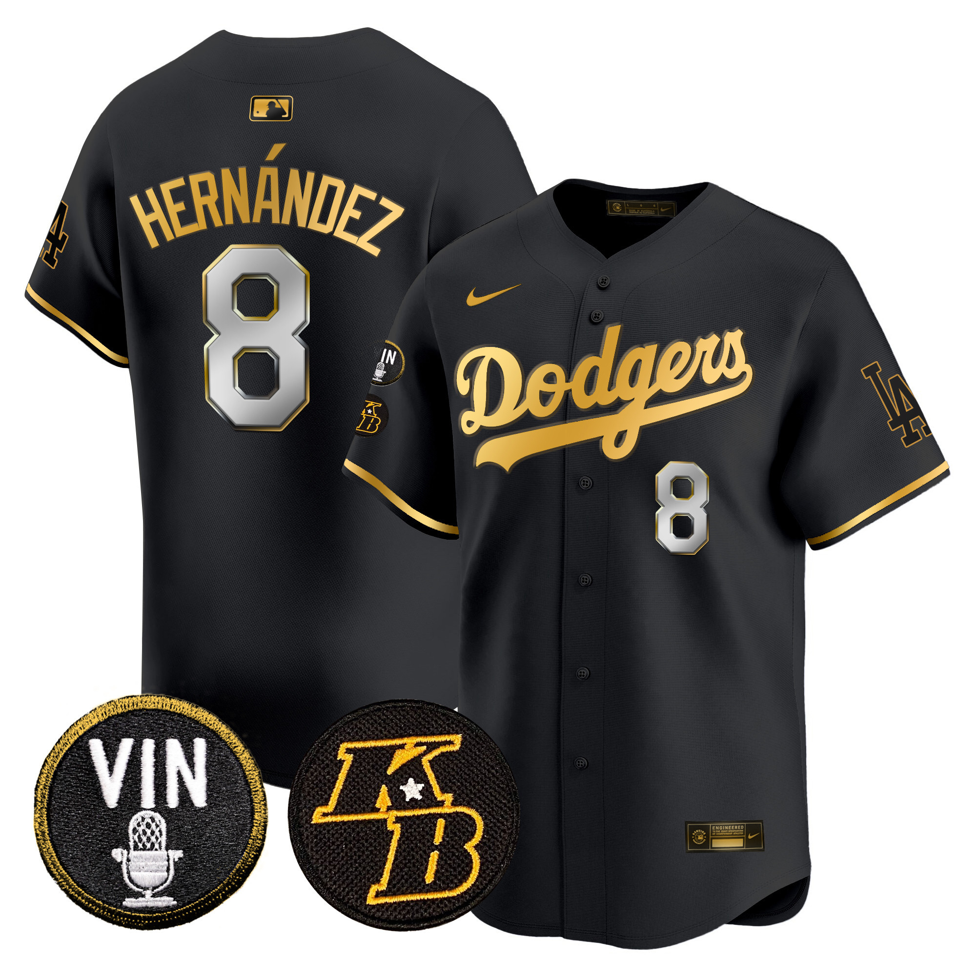 Kike Hernandez Men's Los Angeles Dodgers Vin & Kobe Patch Gold Trim Vapor Premier Limited Black Gold Jersey - All Stitched