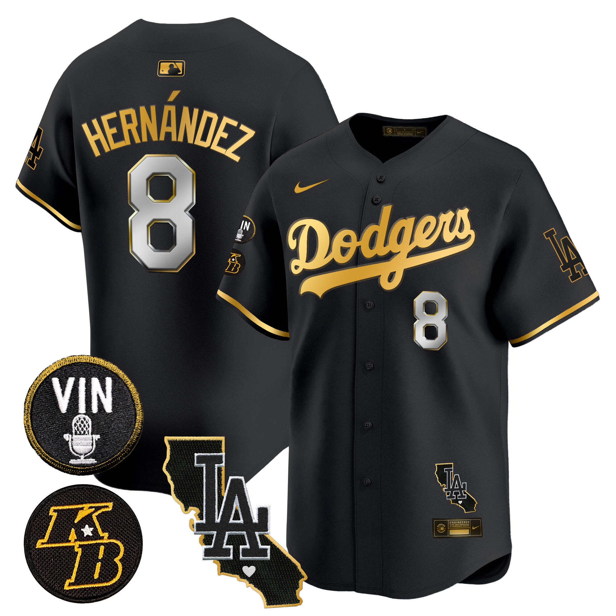 Kike Hernandez Men's Los Angeles Dodgers Vin & Kobe Patch Gold Trim Vapor Premier Limited V2 Black Gold Jersey - All Stitched