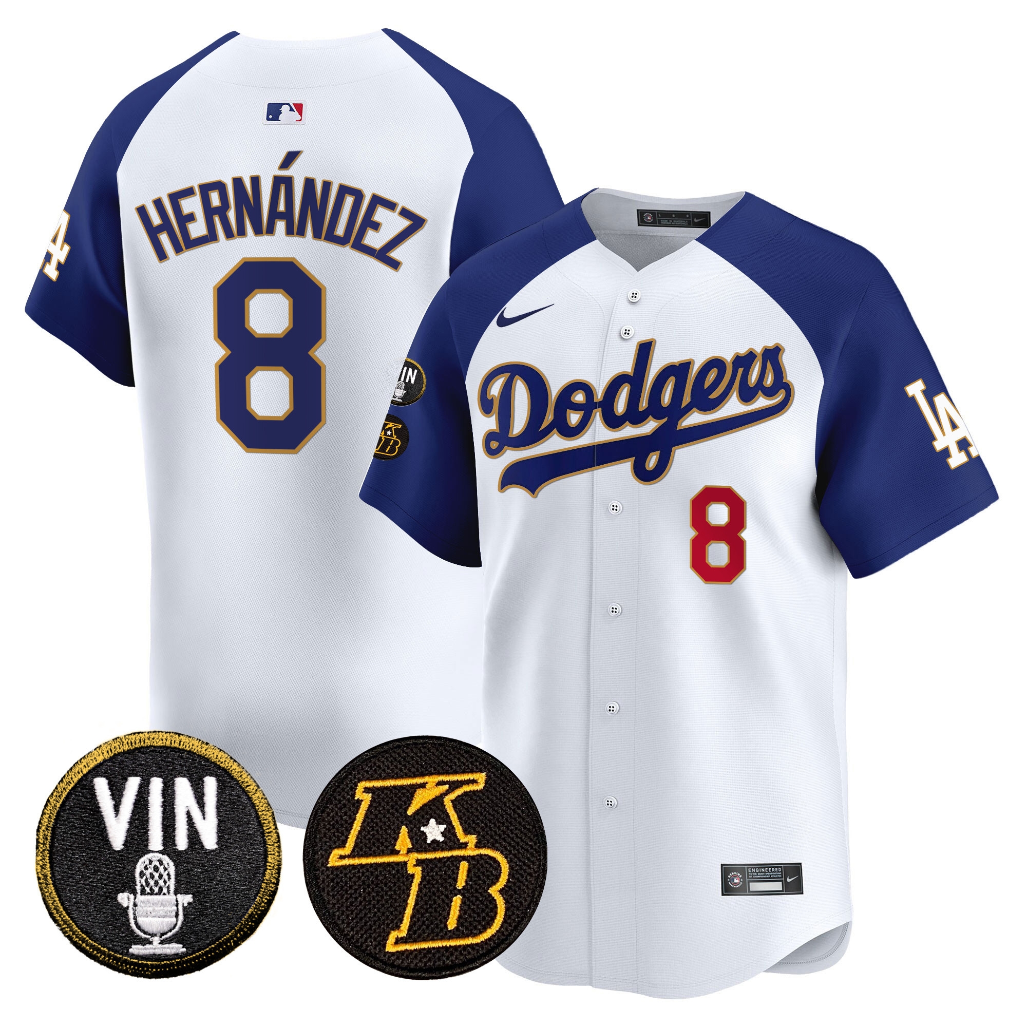 Kike Hernandez Men's Los Angeles Dodgers Vin & Kobe Patch Gold Trim Vapor Premier Limited White Alternate Jersey - All Stitched