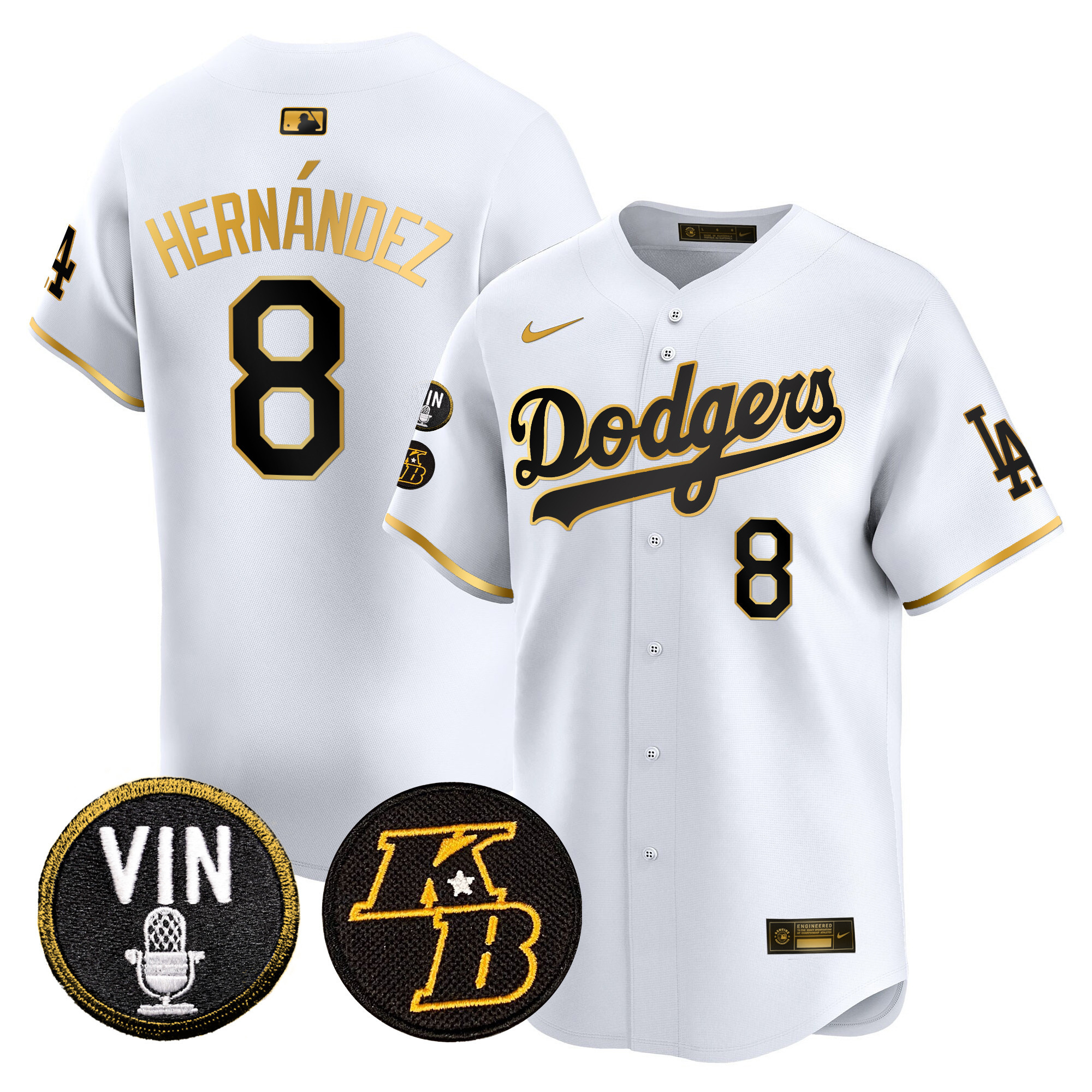Kike Hernandez Men's Los Angeles Dodgers Vin & Kobe Patch Gold Trim Vapor Premier Limited White Gold Jersey - All Stitched