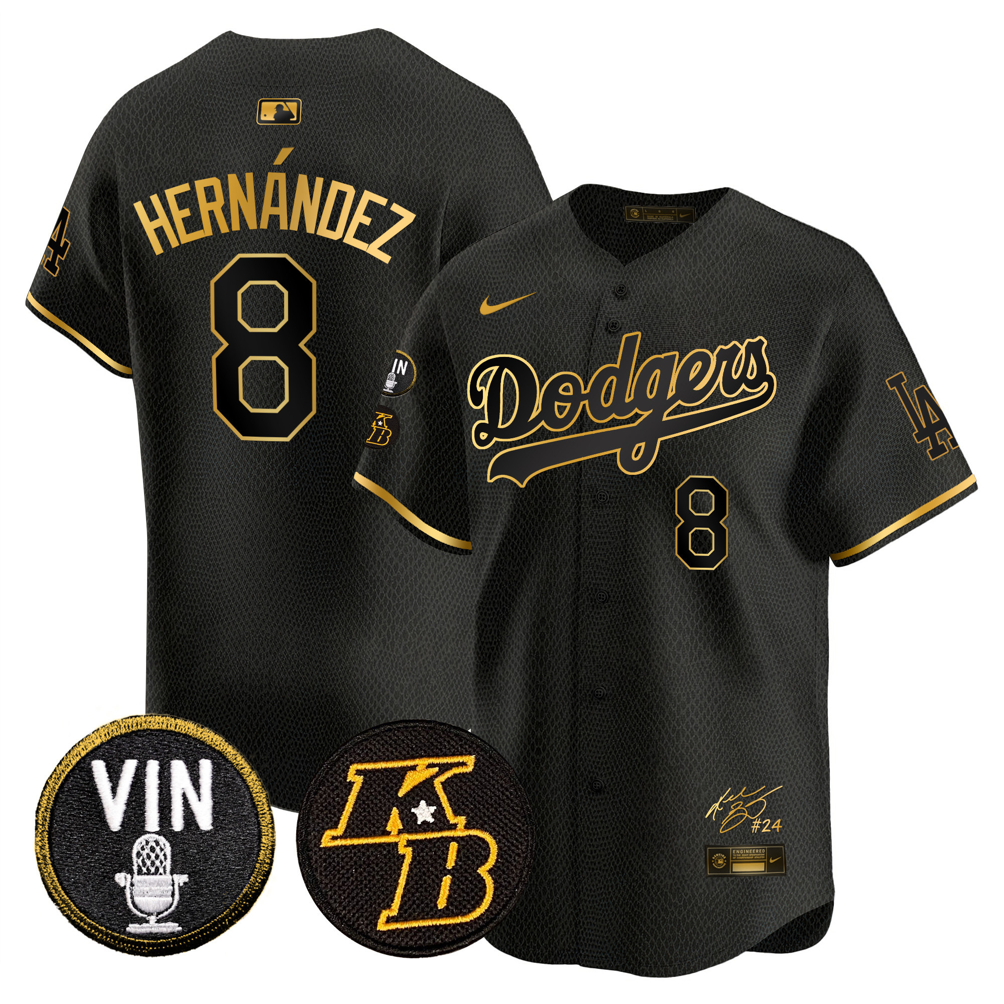 Kike Hernandez Men's Los Angeles Dodgers Vin Patch & Kobe Bryant Signature Vapor Premier Limited Mamba Gold Jersey - All Stitched