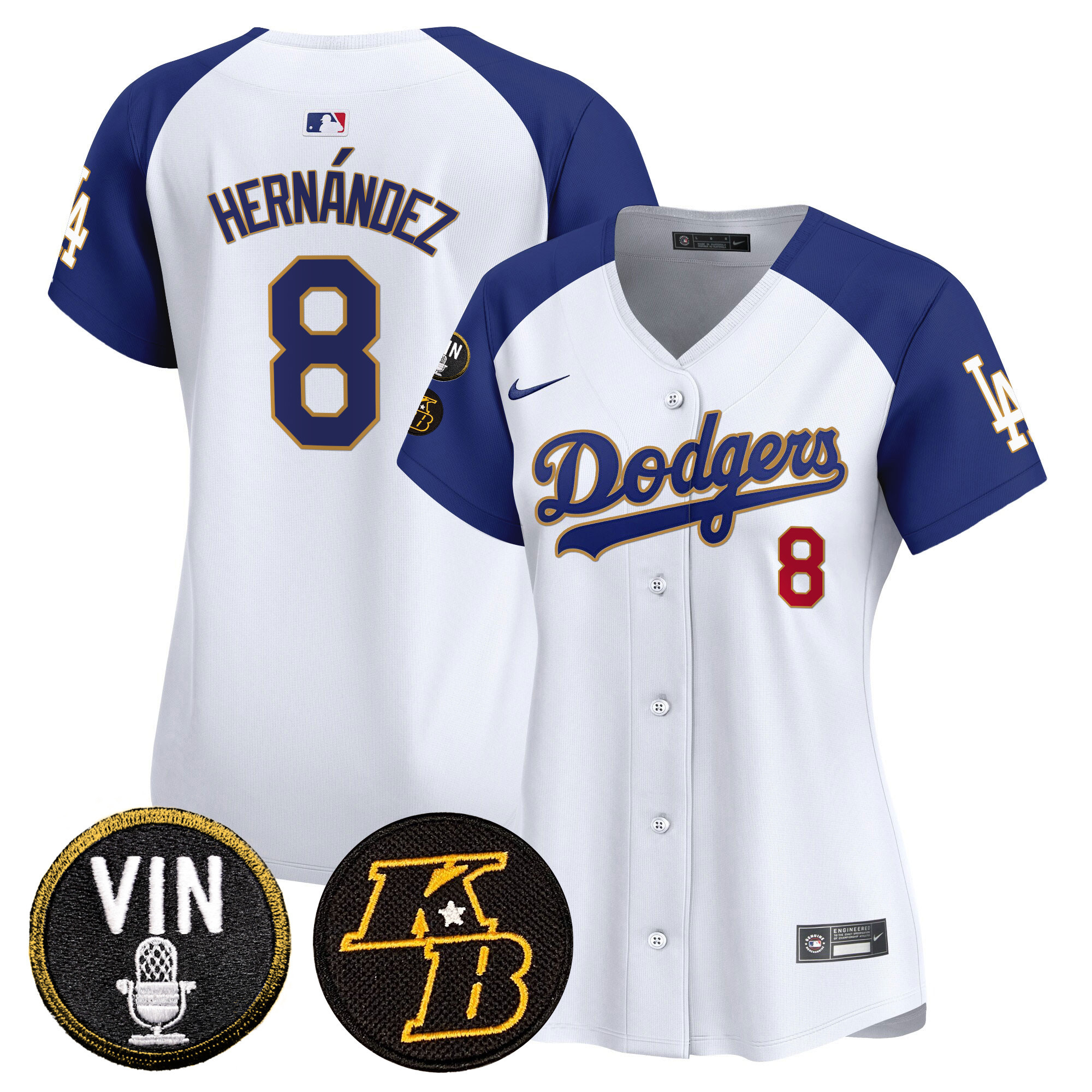 Kike Hernandez Women's Los Angeles Dodgers Vin & Kobe Patch Gold Trim Vapor Premier Limited White Alternate Jersey - All Stitched
