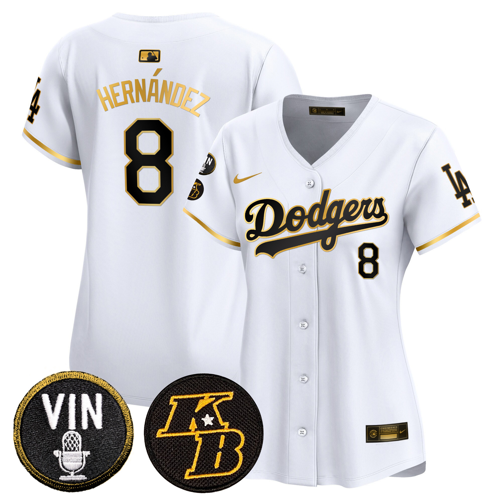 Kike Hernandez Women's Los Angeles Dodgers Vin & Kobe Patch Gold Trim Vapor Premier Limited White Gold Jersey - All Stitched