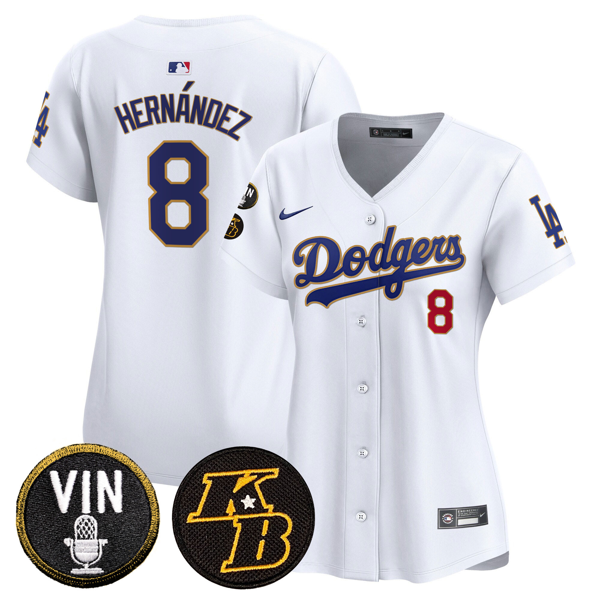 Kike Hernandez Women's Los Angeles Dodgers Vin & Kobe Patch Gold Trim Vapor Premier Limited White Jersey - All Stitched