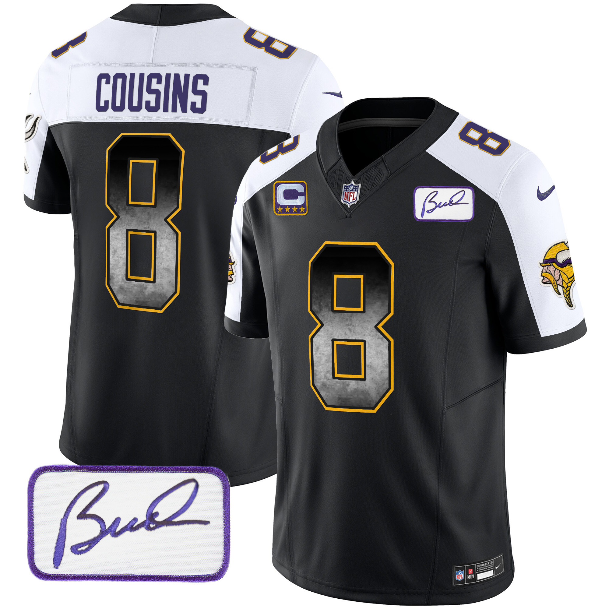 Kirk Cousins Men's Minnesota Vikings Bud Grant Patch Arch Smoke Vapor Black Alternate Jersey - All Stitched