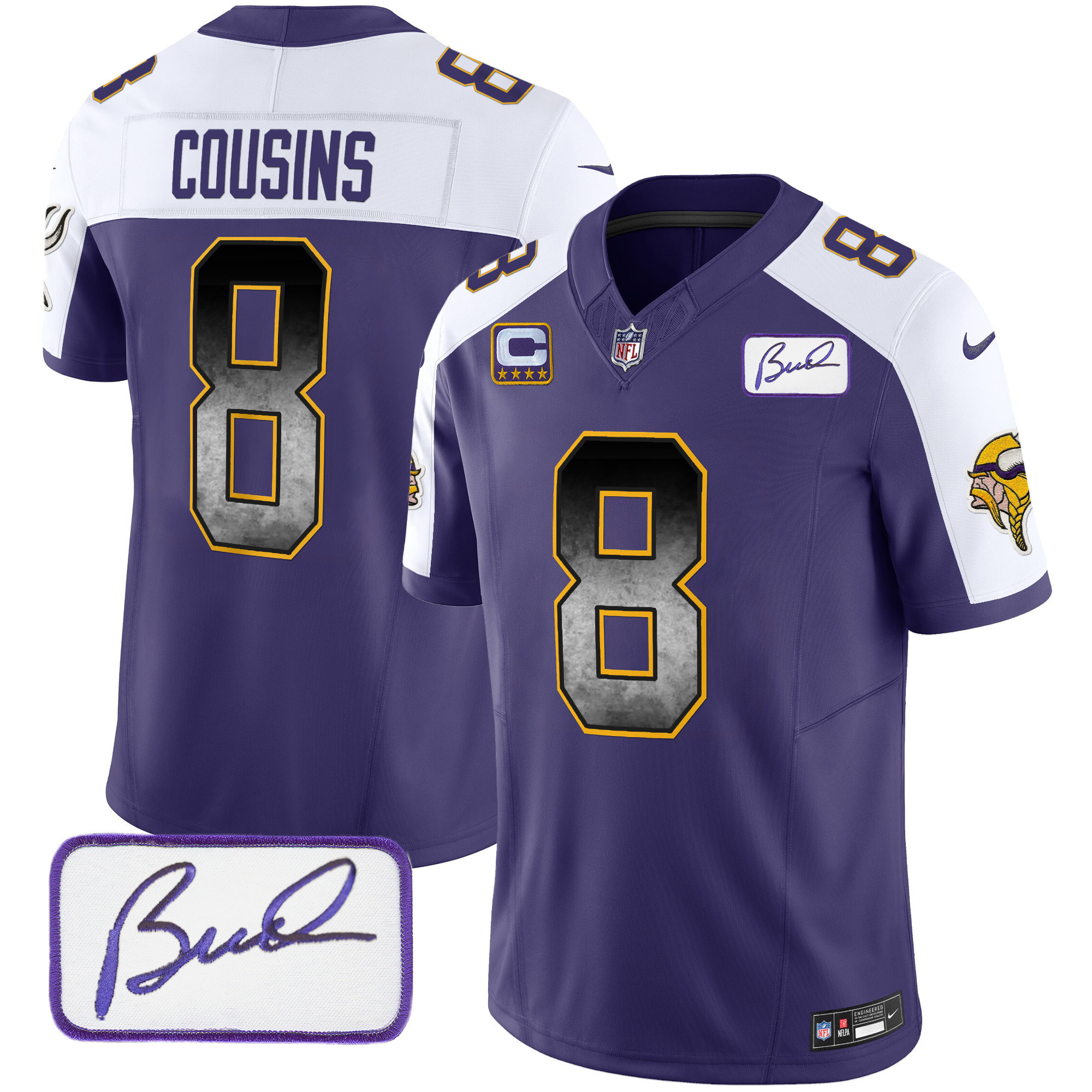 Kirk Cousins Men's Minnesota Vikings Bud Grant Patch Arch Smoke Vapor Purple Alternate Jersey - All Stitched