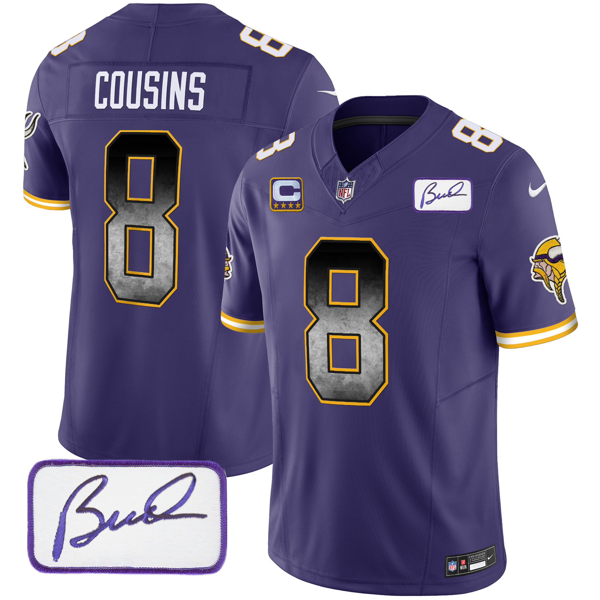 Kirk Cousins Men's Minnesota Vikings Bud Grant Patch Arch Smoke Vapor Purple Jersey - All Stitched