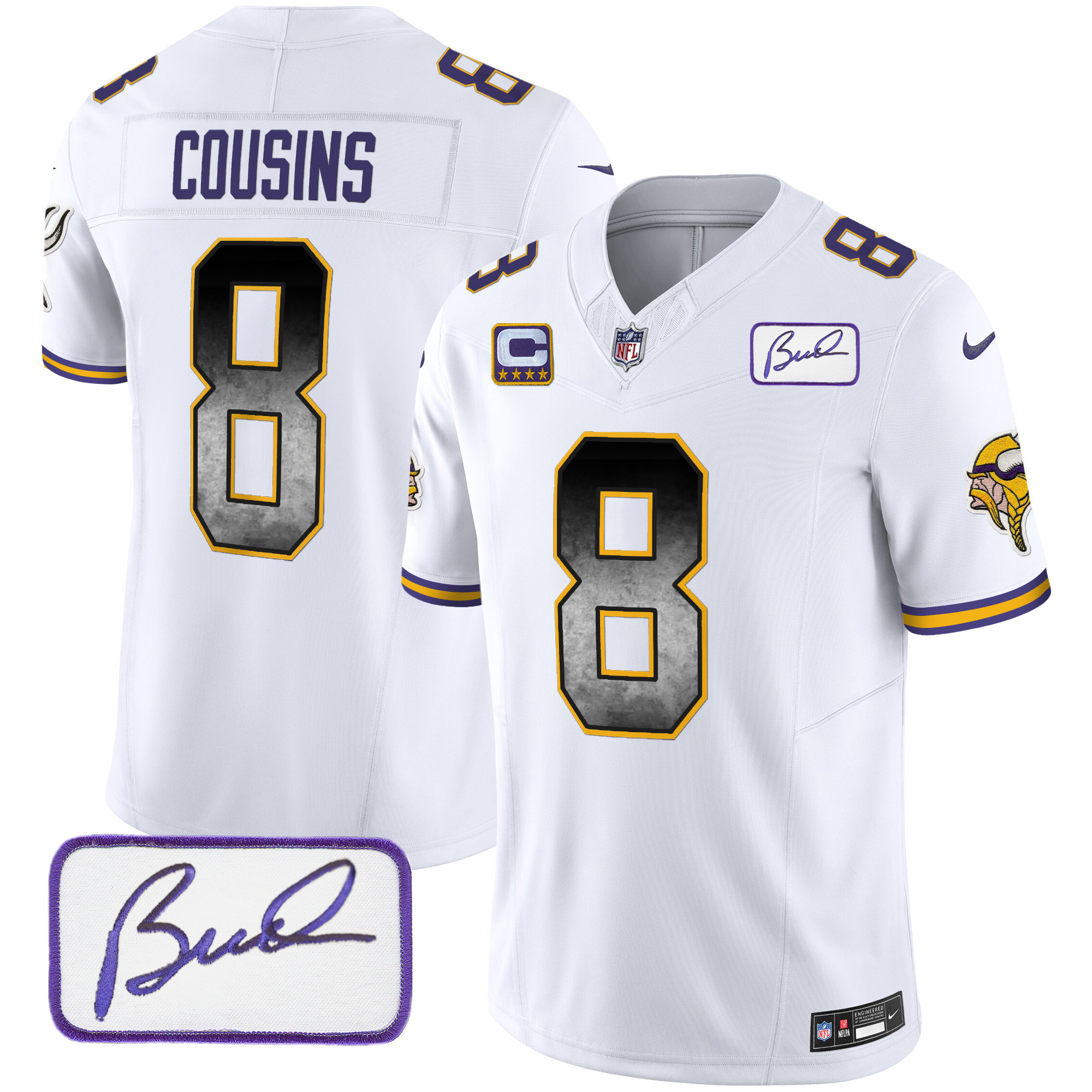 Kirk Cousins Men's Minnesota Vikings Bud Grant Patch Arch Smoke Vapor White Jersey - All Stitched