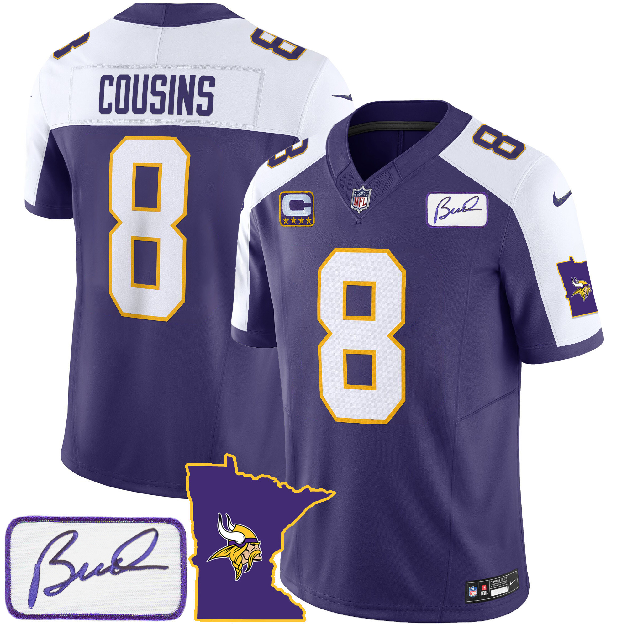 Kirk Cousins Men's Minnesota Vikings Bud Grant Patch Classic Limited V2 Alternate Jersey - All Stitched