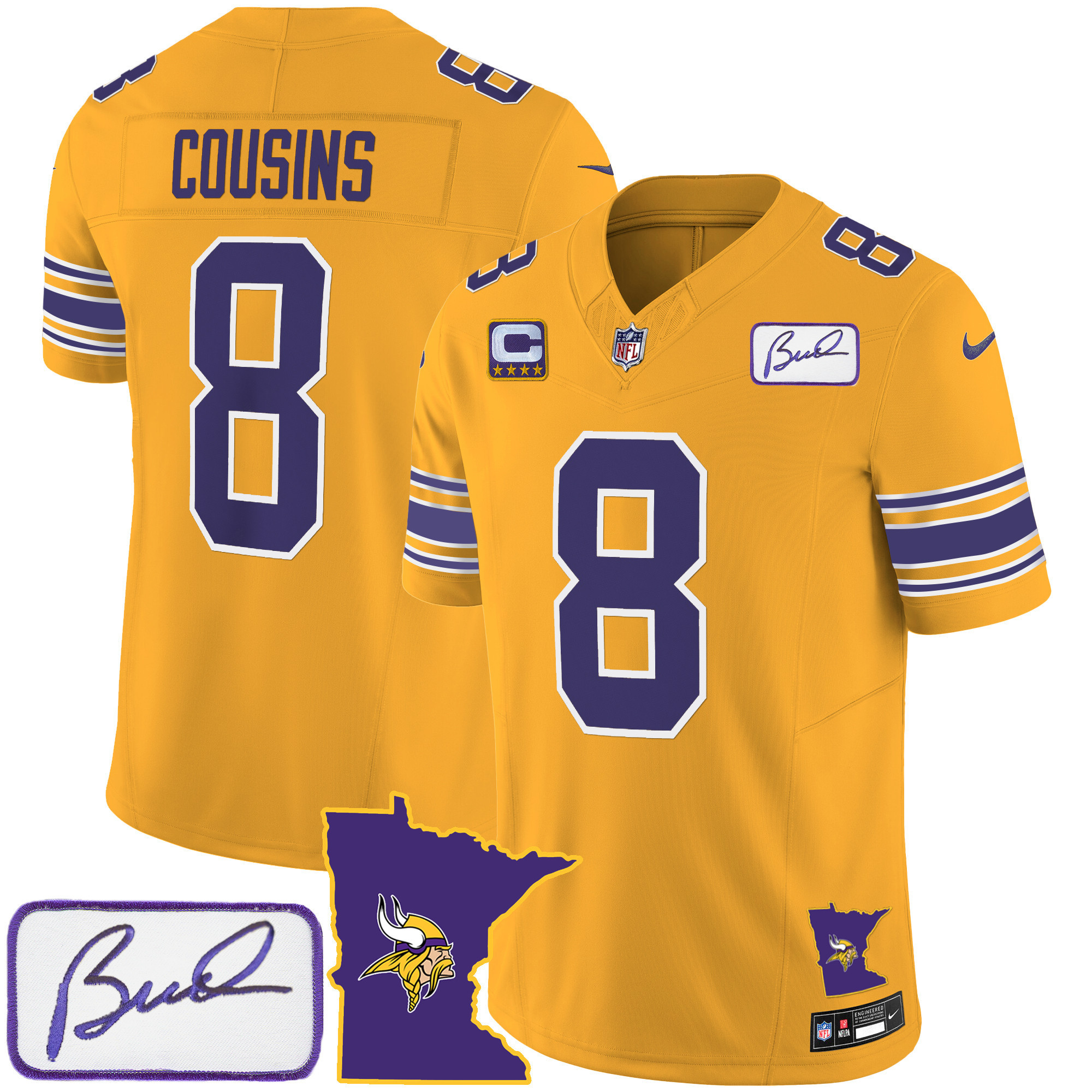 Kirk Cousins Men's Minnesota Vikings Bud Grant Patch Classic Limited V2 Gold Jersey - All Stitched