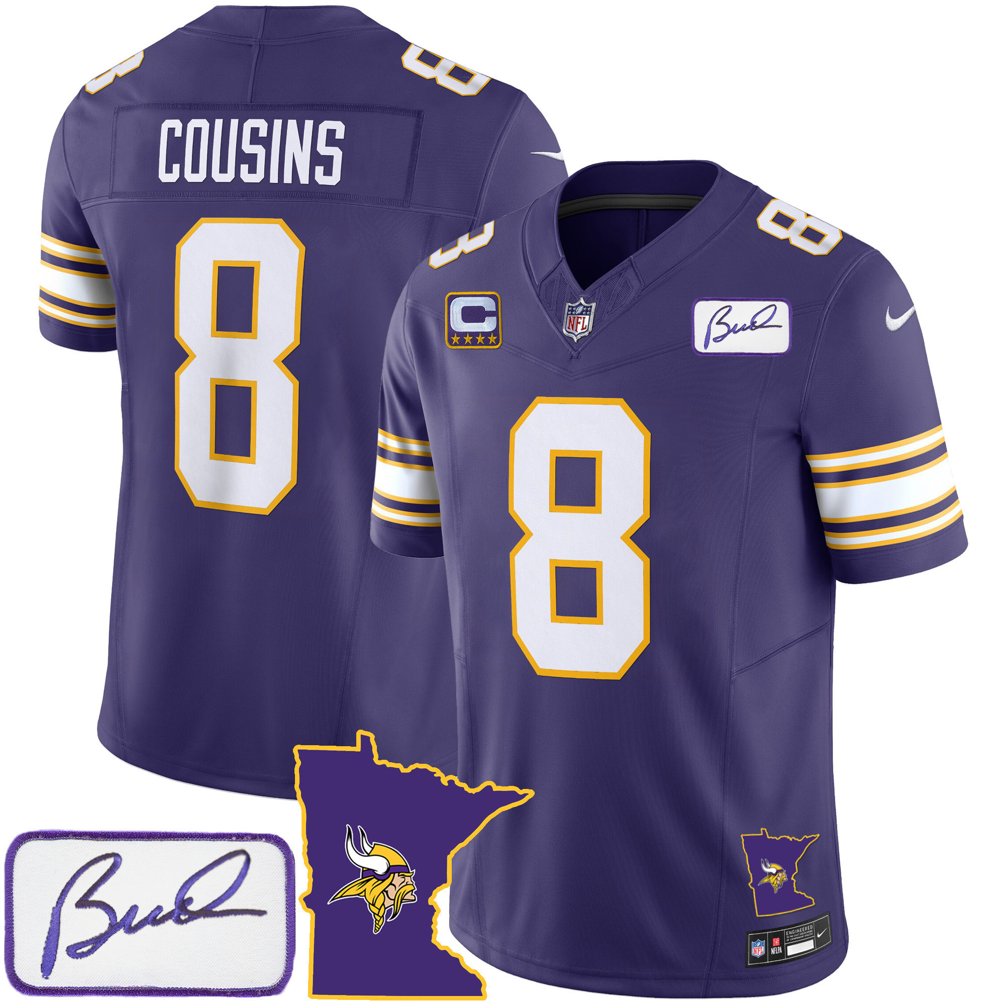 Kirk Cousins Men's Minnesota Vikings Bud Grant Patch Classic Limited V2 Purple Jersey - All Stitched