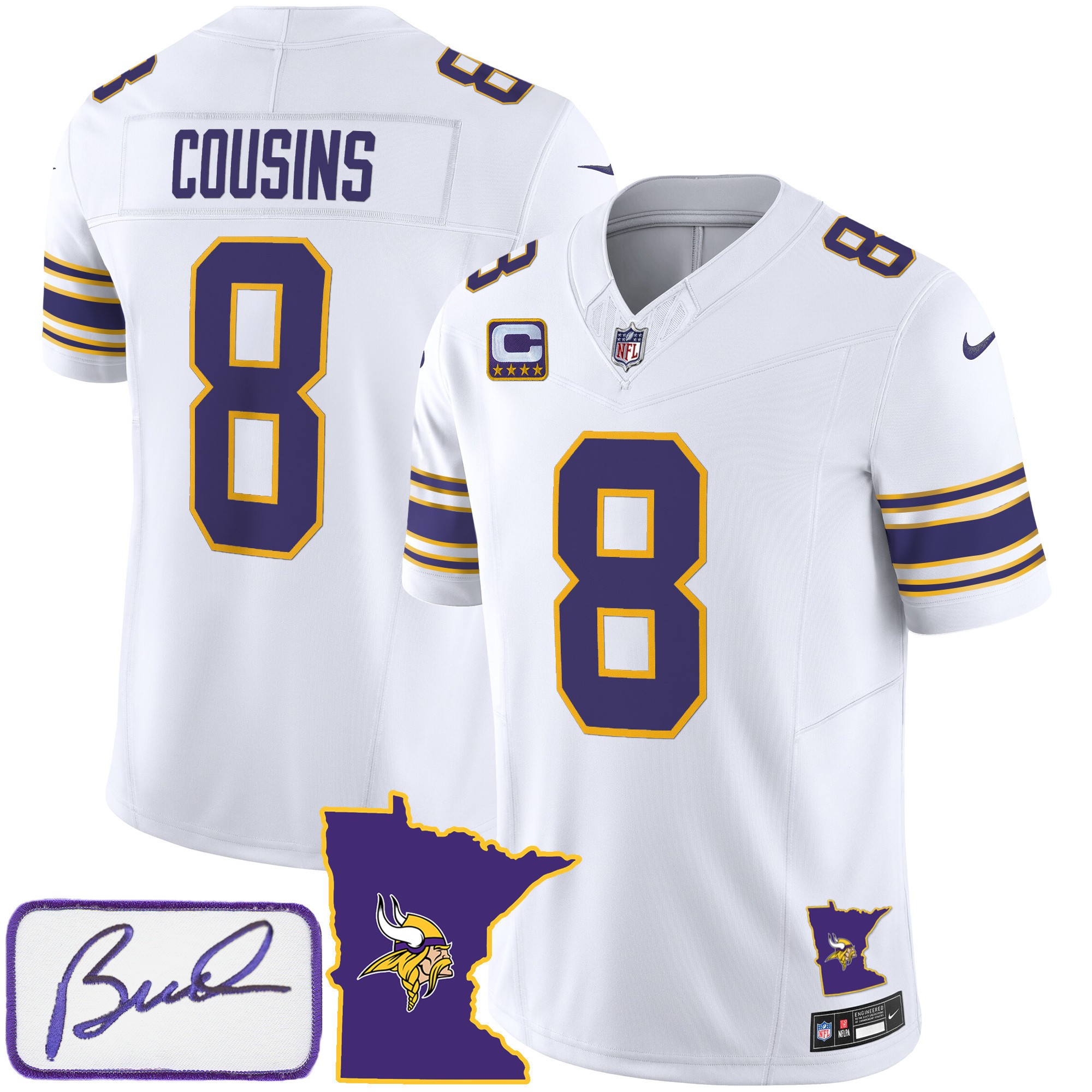 Kirk Cousins Men's Minnesota Vikings Bud Grant Patch Classic Limited V2 White Jersey - All Stitched