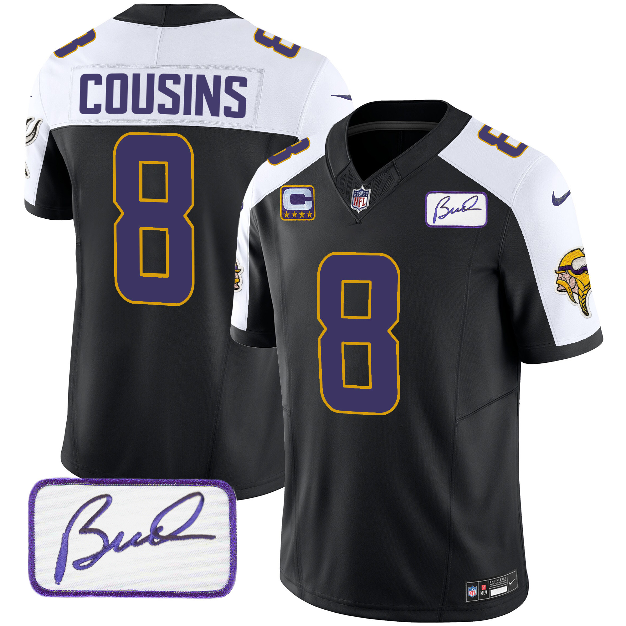 Kirk Cousins Men's Minnesota Vikings Bud Grant Patch Classic Limited V4 Black Alternate Jersey - All Stitched