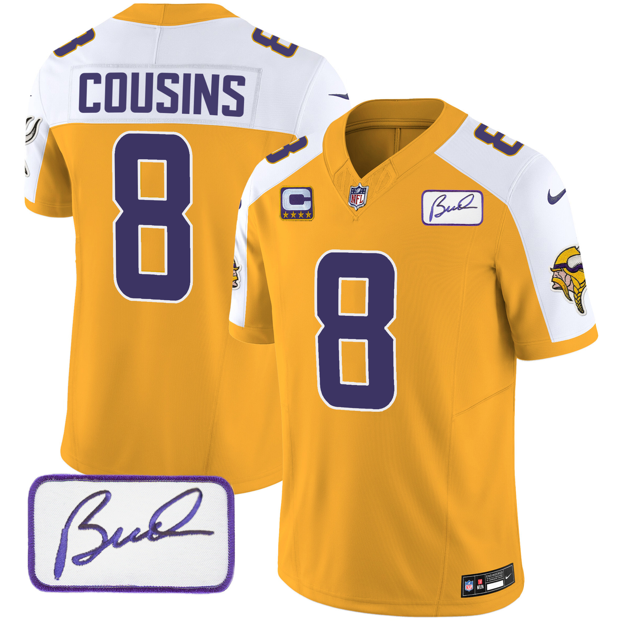 Kirk Cousins Men's Minnesota Vikings Bud Grant Patch Classic Limited V4 Gold Alternate Jersey - All Stitched