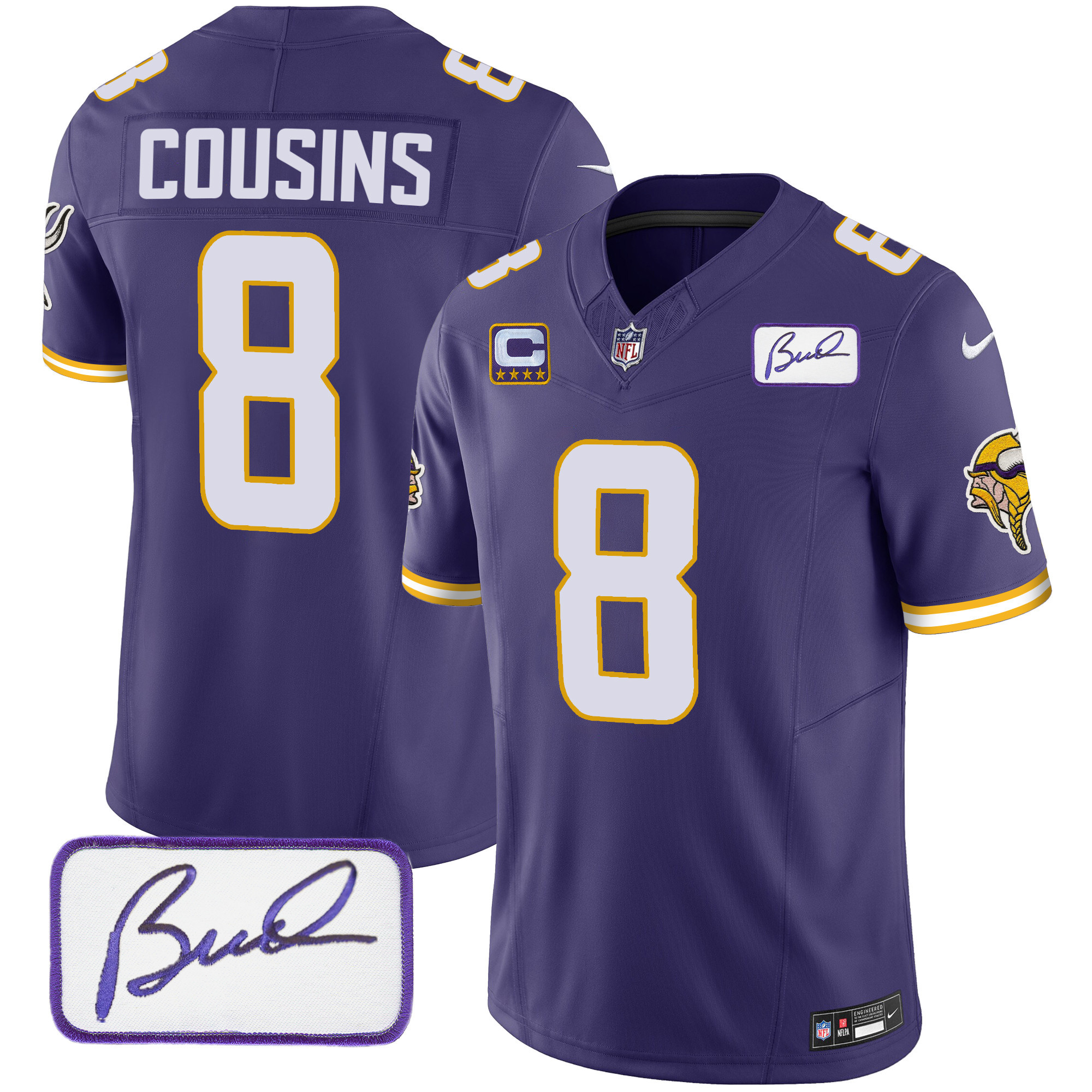 Kirk Cousins Men's Minnesota Vikings Bud Grant Patch Classic Limited V4 Purple Jersey - All Stitched