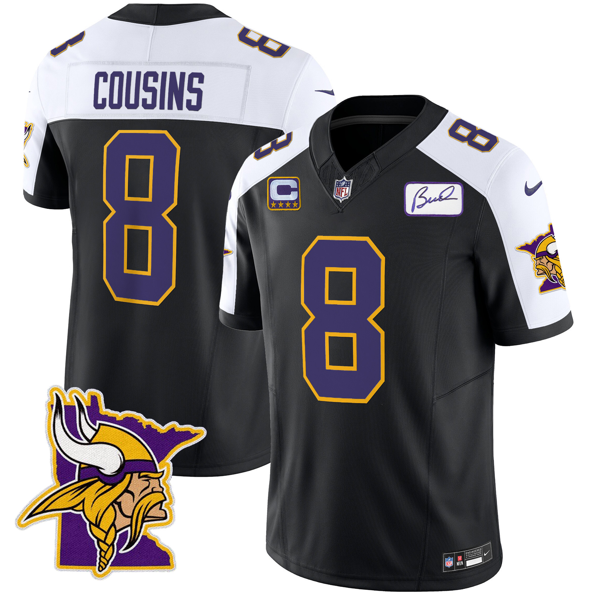 Kirk Cousins Men's Minnesota Vikings Bud Grant Patch Classic Limited V5 Black Alternate Jersey - All Stitched