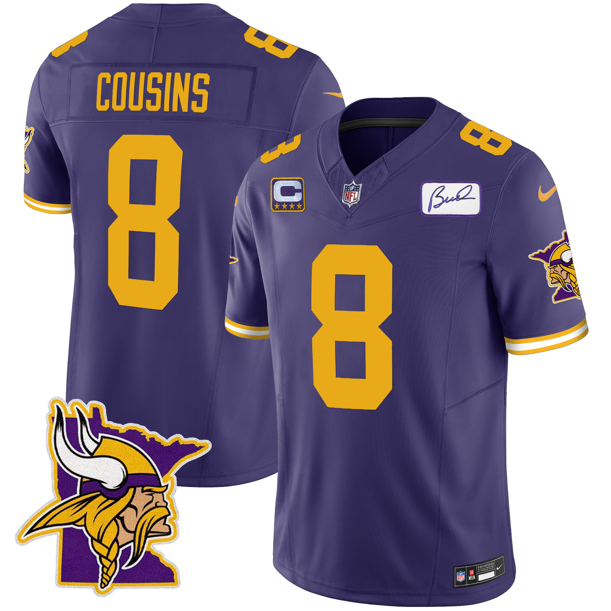Kirk Cousins Men's Minnesota Vikings Bud Grant Patch Classic Limited V5 Color Rush Jersey - All Stitched