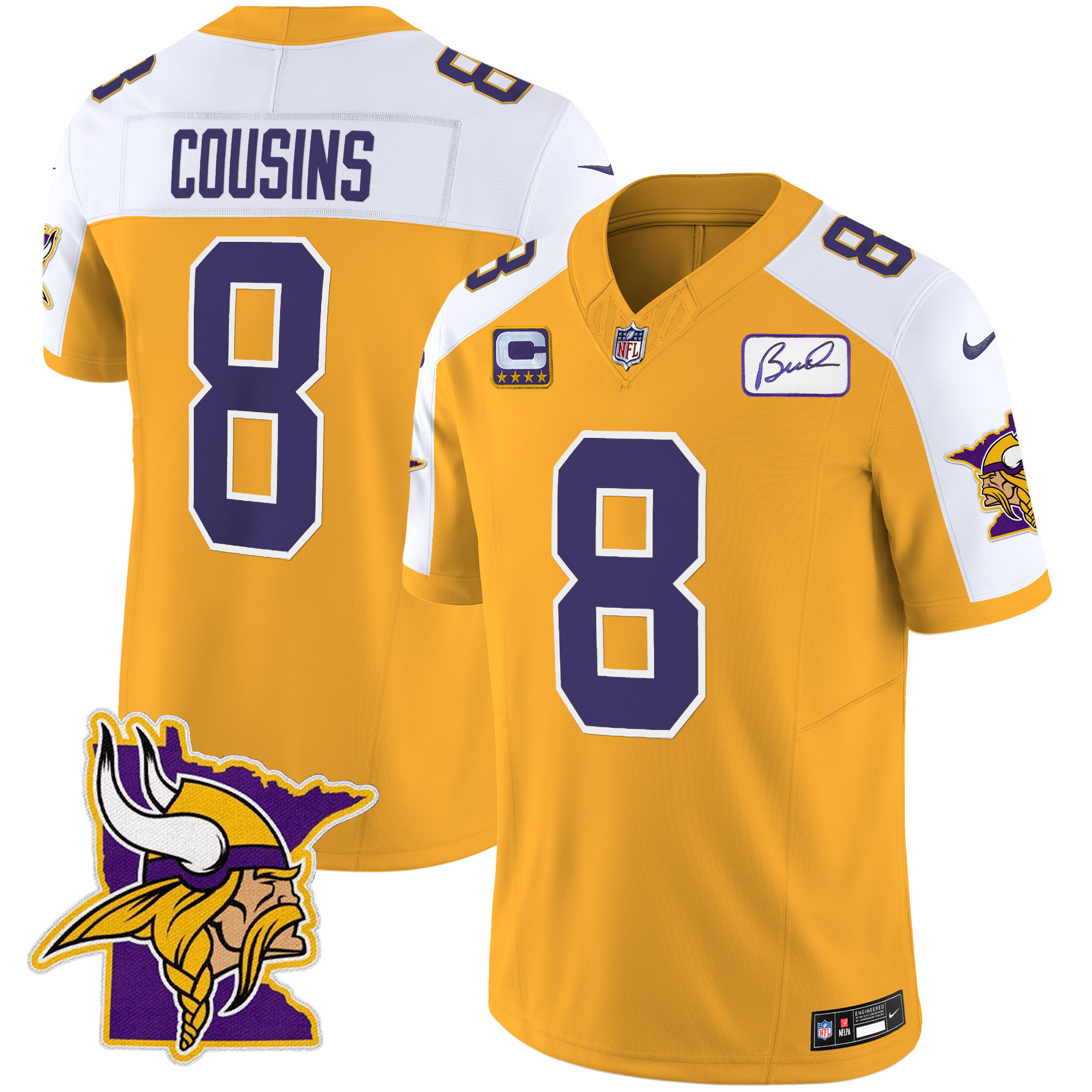 Kirk Cousins Men's Minnesota Vikings Bud Grant Patch Classic Limited V5 Gold Alternate Jersey - All Stitched