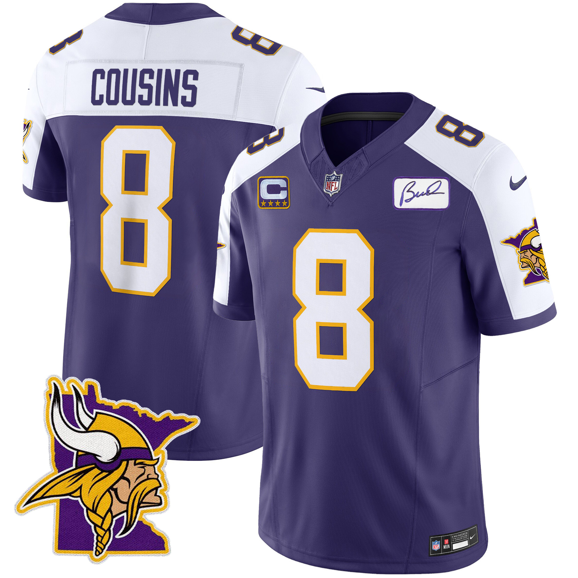 Kirk Cousins Men's Minnesota Vikings Bud Grant Patch Classic Limited V5 Purple Alternate Jersey - All Stitched