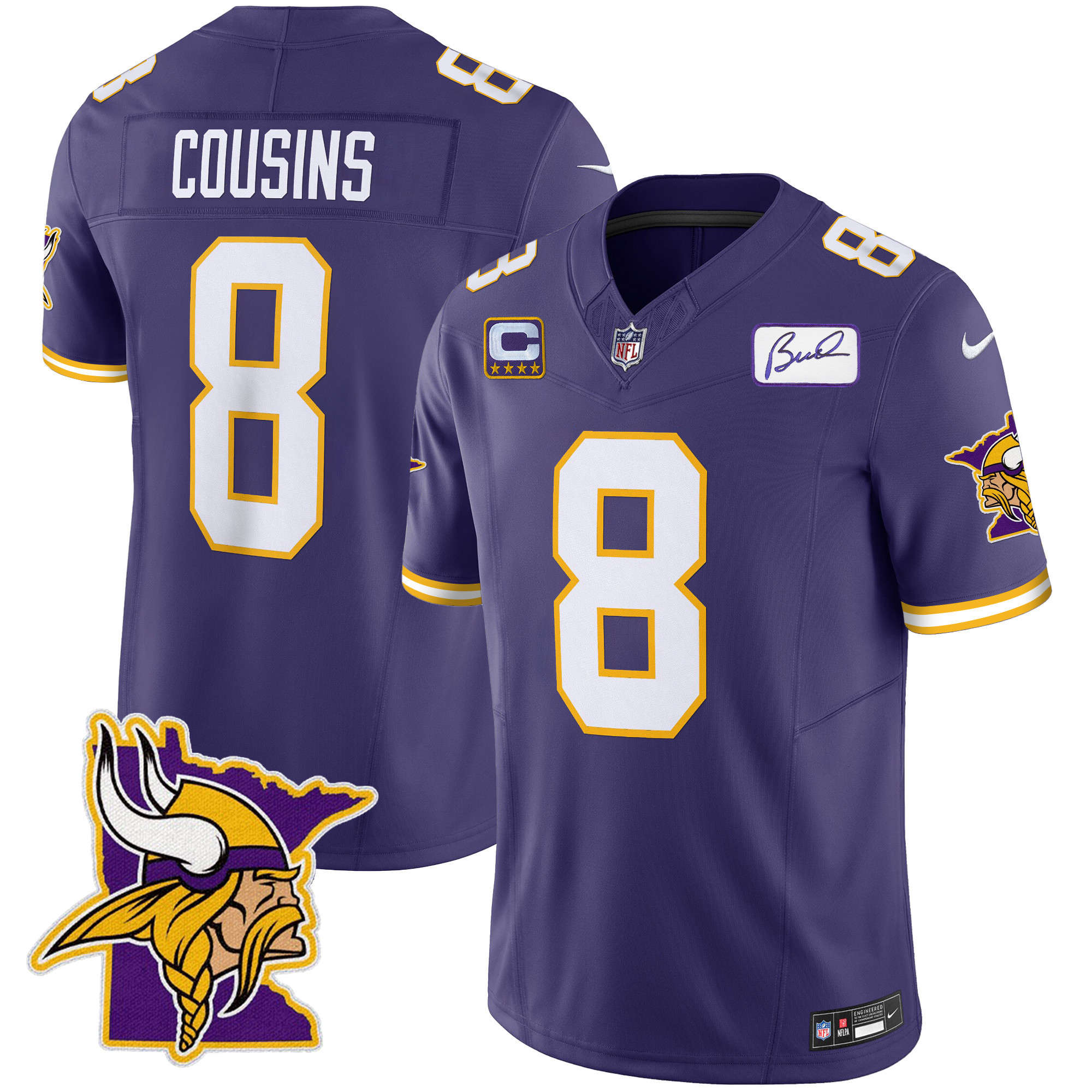 Kirk Cousins Men's Minnesota Vikings Bud Grant Patch Classic Limited V5 Purple Jersey - All Stitched
