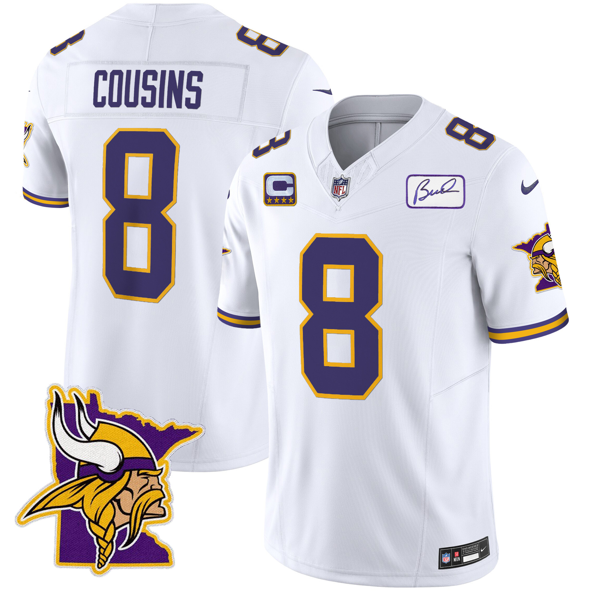 Kirk Cousins Men's Minnesota Vikings Bud Grant Patch Classic Limited V5 White Jersey - All Stitched