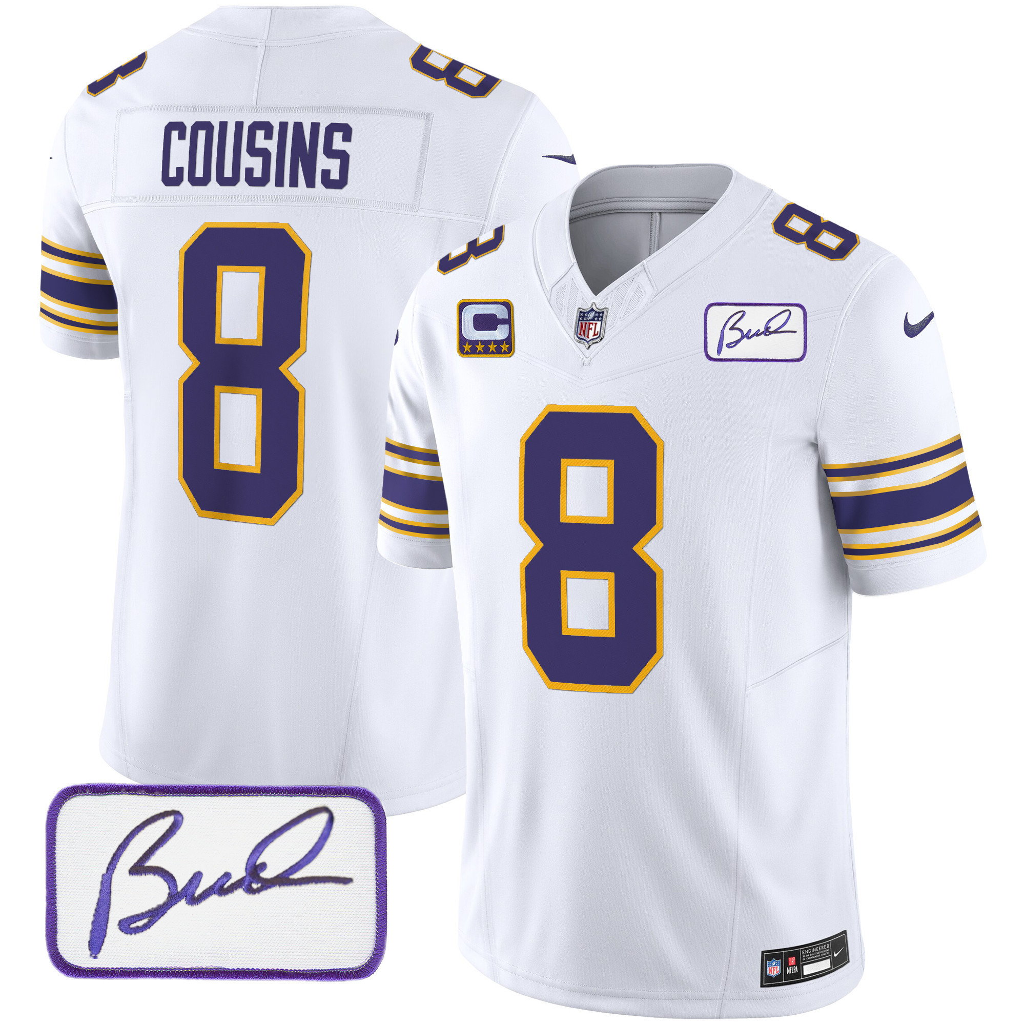 Kirk Cousins Men's Minnesota Vikings Bud Grant Patch Classic Limited White Jersey - All Stitched