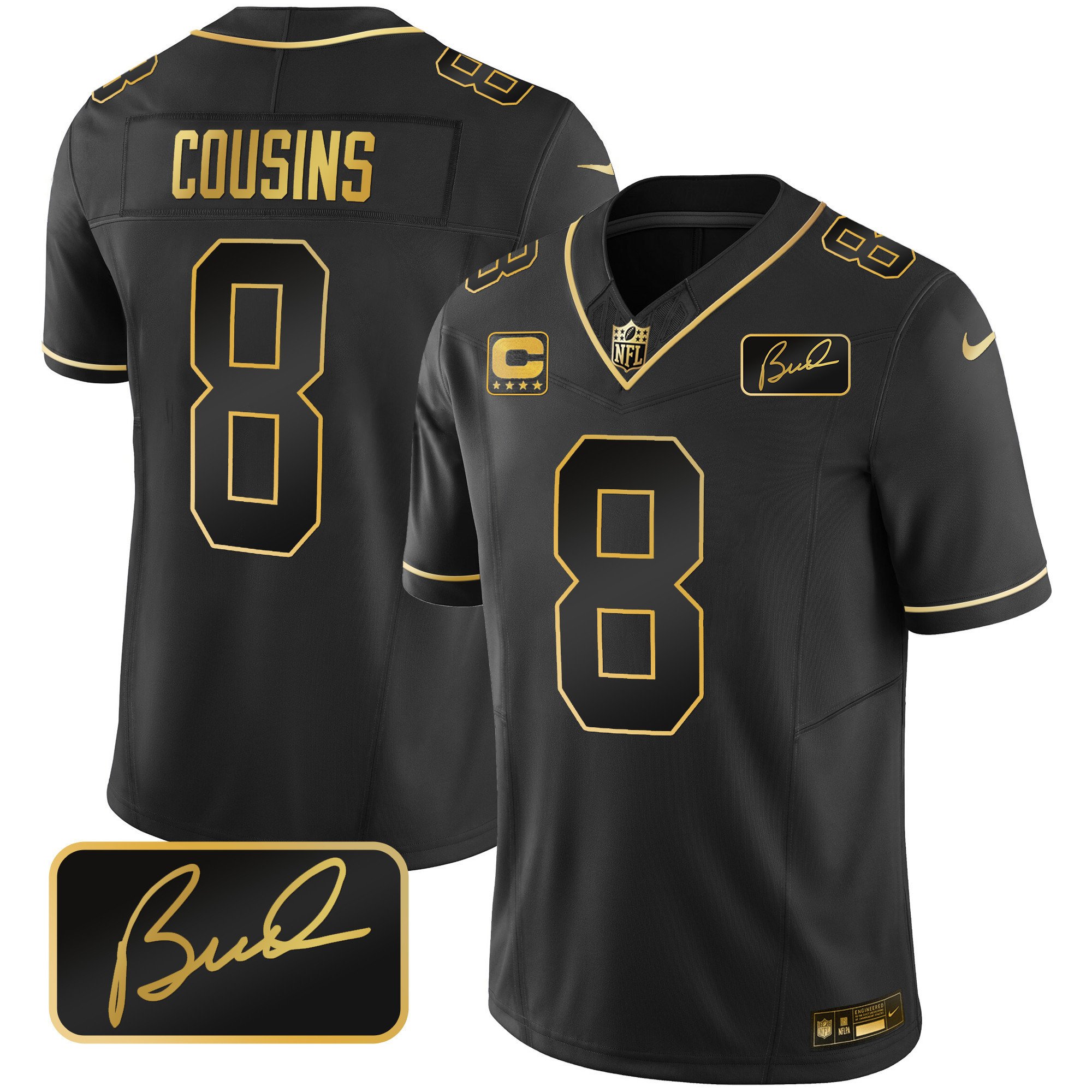 Kirk Cousins Men's Minnesota Vikings Bud Grant Patch Gold Limited Black Gold Jersey - All Stitched