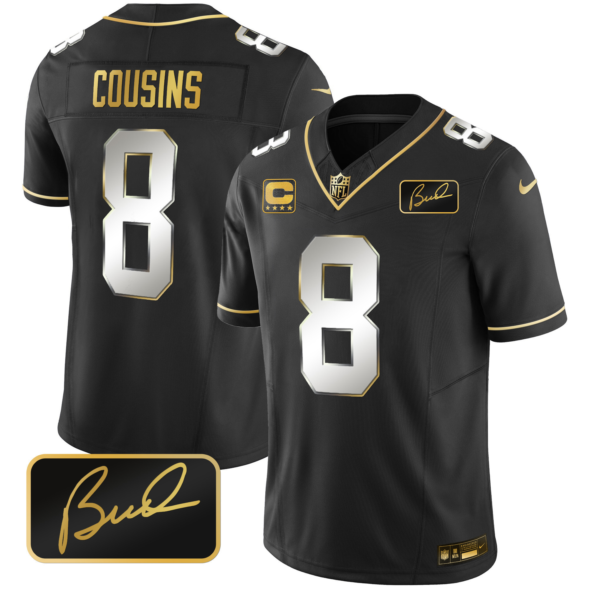 Kirk Cousins Men's Minnesota Vikings Bud Grant Patch Gold Limited Black Limited Jersey - All Stitched