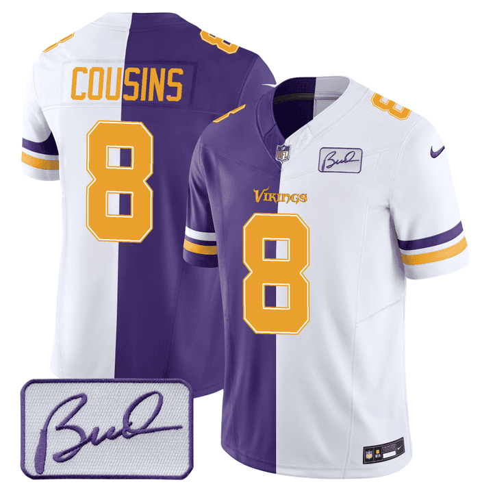 Kirk Cousins Men's Minnesota Vikings Bud Grant Patch Purple/ White Split Jersey - All Stitched