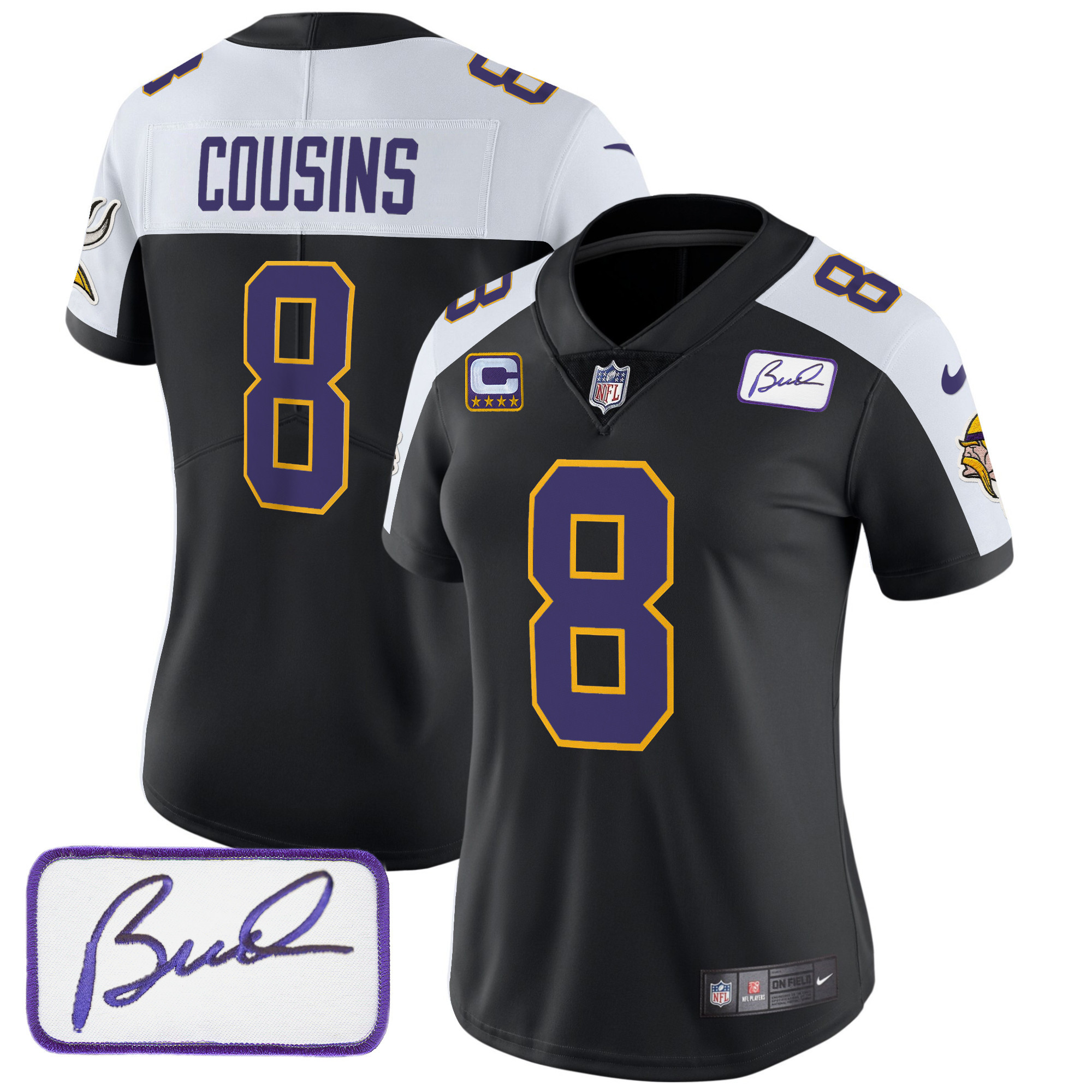 Kirk Cousins Women's Minnesota Vikings Bud Grant Patch Classic Limited V3 Black Alternate Jersey - All Stitched
