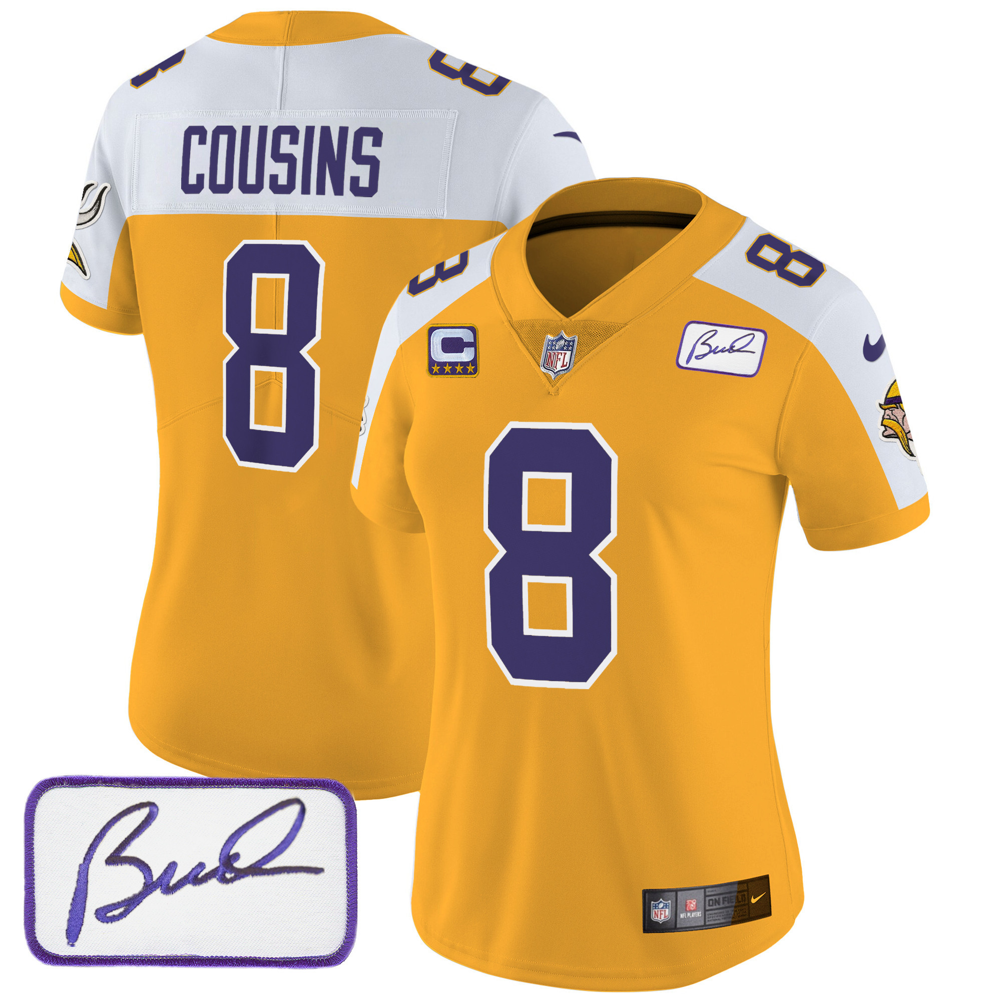 Kirk Cousins Women's Minnesota Vikings Bud Grant Patch Classic Limited V3 Gold Alternate Jersey - All Stitched