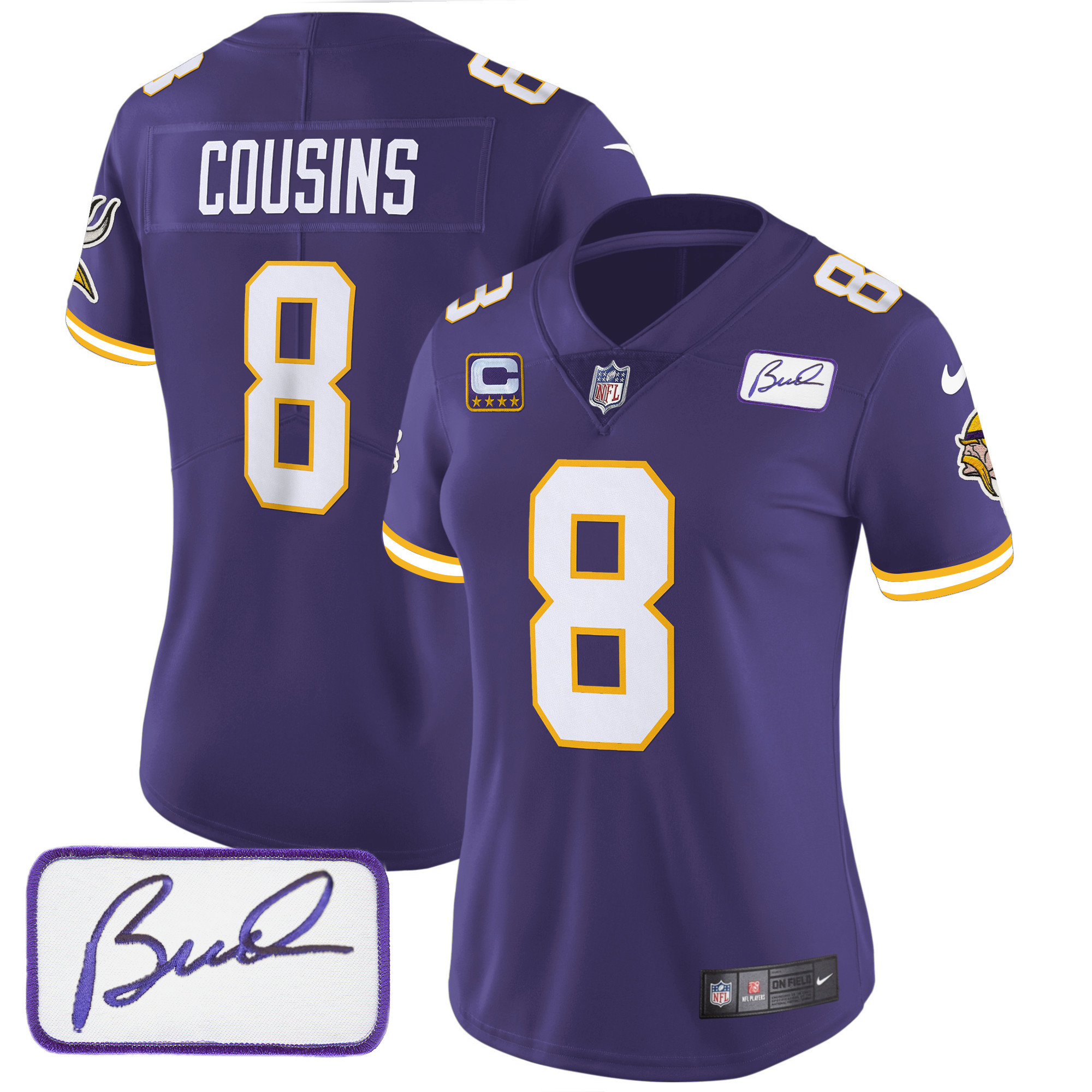 Kirk Cousins Women's Minnesota Vikings Bud Grant Patch Classic Limited V3 Purple Jersey - All Stitched