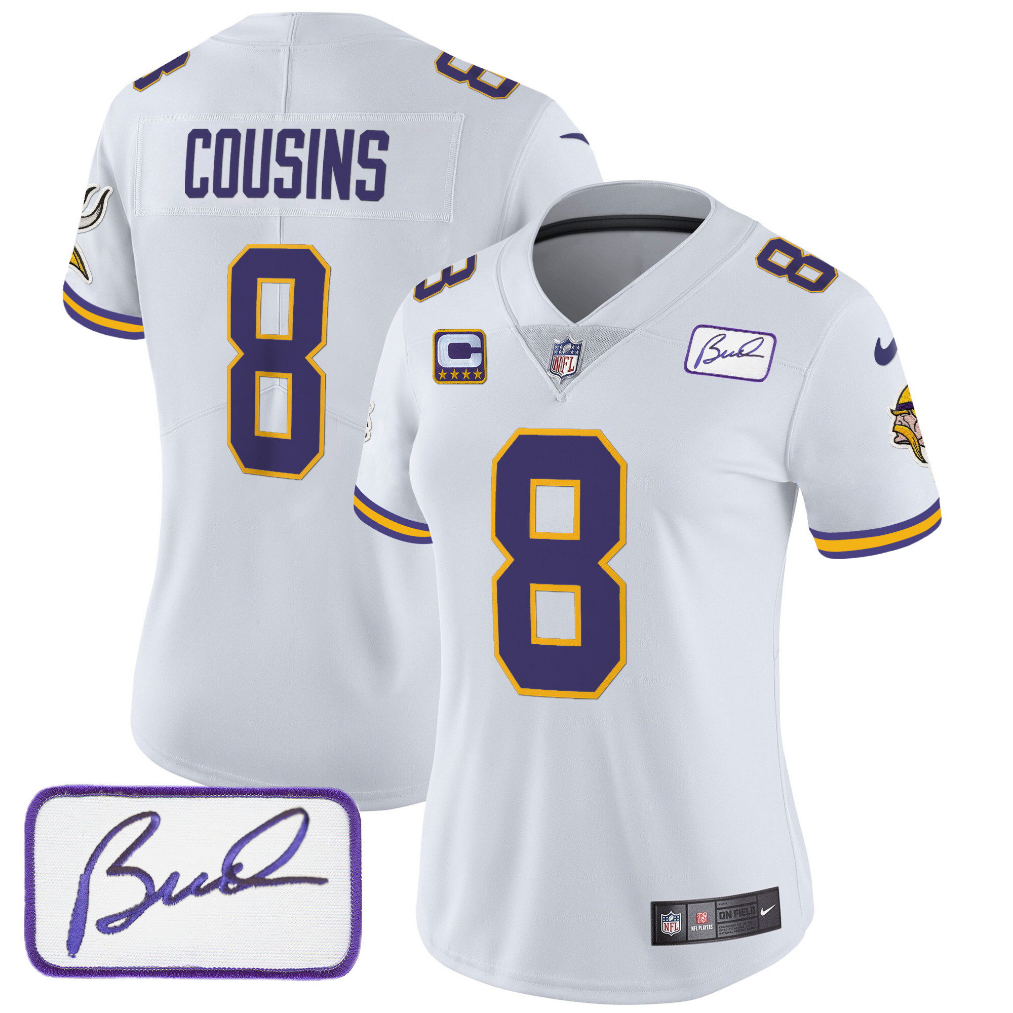 Kirk Cousins Women's Minnesota Vikings Bud Grant Patch Classic Limited V3 White Jersey - All Stitched